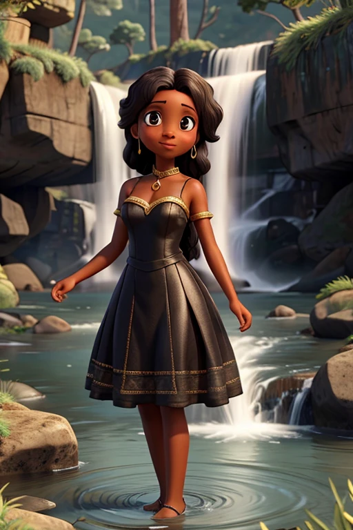 Uma mulher negra, em um vestido dourado, holding a hand mirror, em frente a uma cachoeira