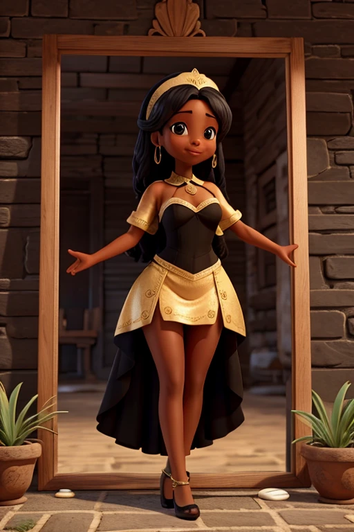 Uma mulher negra, em um vestido dourado, holding a hand mirror, em frente a uma cachoeira