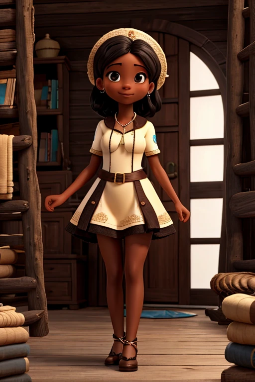 Uma mulher negra, em um vestido dourado, holding a hand mirror, em frente a uma cachoeira