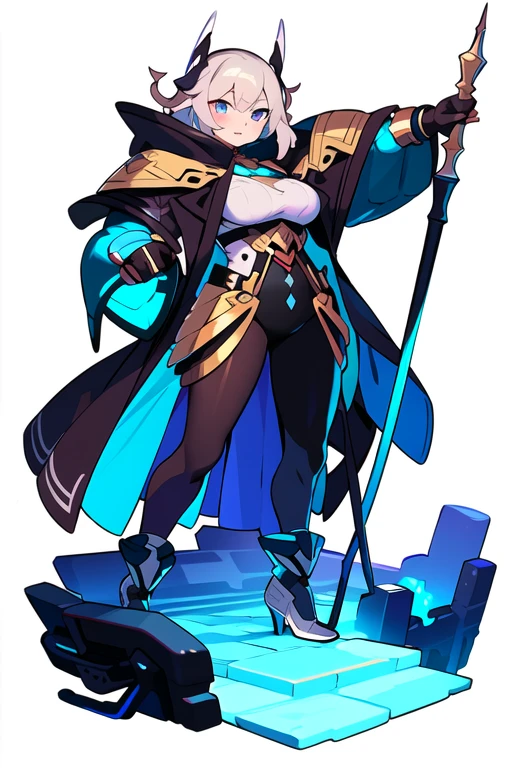 stand posture, cute eyes, adult woman,, solo, high fantasy outfits, ((white background)), full body, holding weapon,