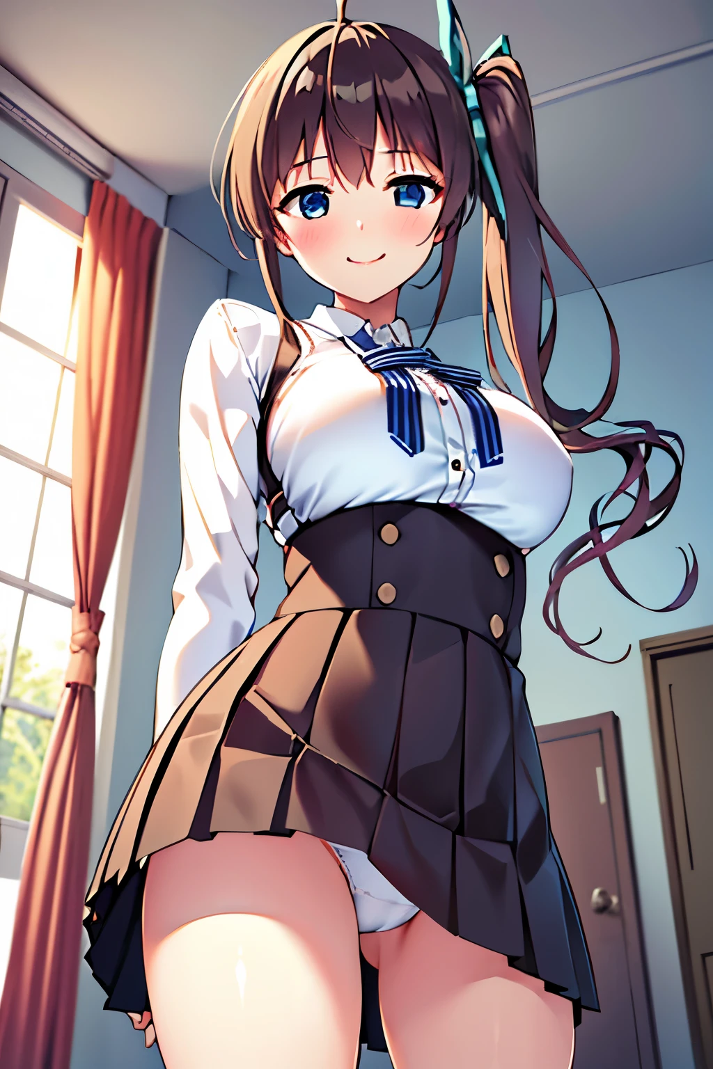 Best Quality, masutepiece, Portrait, , 1girl in, minato, brown hair, Long hair, side ponytail, , blue eyes, , Pleated skirt, crass room, Looking at Viewer, Smile,  from below, a miniskirt, white panties, (big breasts:1.2), 