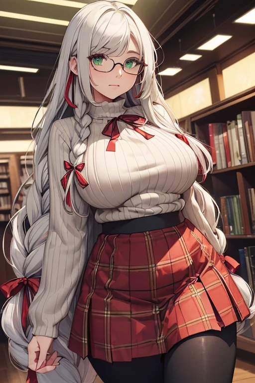 ((masterpiece)), (best quality:1.7), (detailed:1.4), (high res:1.4), 8k, (colorful:1.5), high resolution, sharped image, 4k, hd, (beautiful detailed background:1.2), (beautiful lighting:1.2), (highly detailed:1.2), perfect lighting, (8k wallpaper:1.2), (highly detailed:1.2), (extremely detailed CG:1.2), (((only white gray very long straight hair with two braid front bangs with red ribbon ties))), (only white hair), ((large full chest)), (((very busty))), curvy figure, (((light green eyes))), (beige loose ribbed sweater)), ((red plaid pattern skirt with black full length leggings)), ((big circle glasses)), library, mature, older, human adult, tall, fullbody