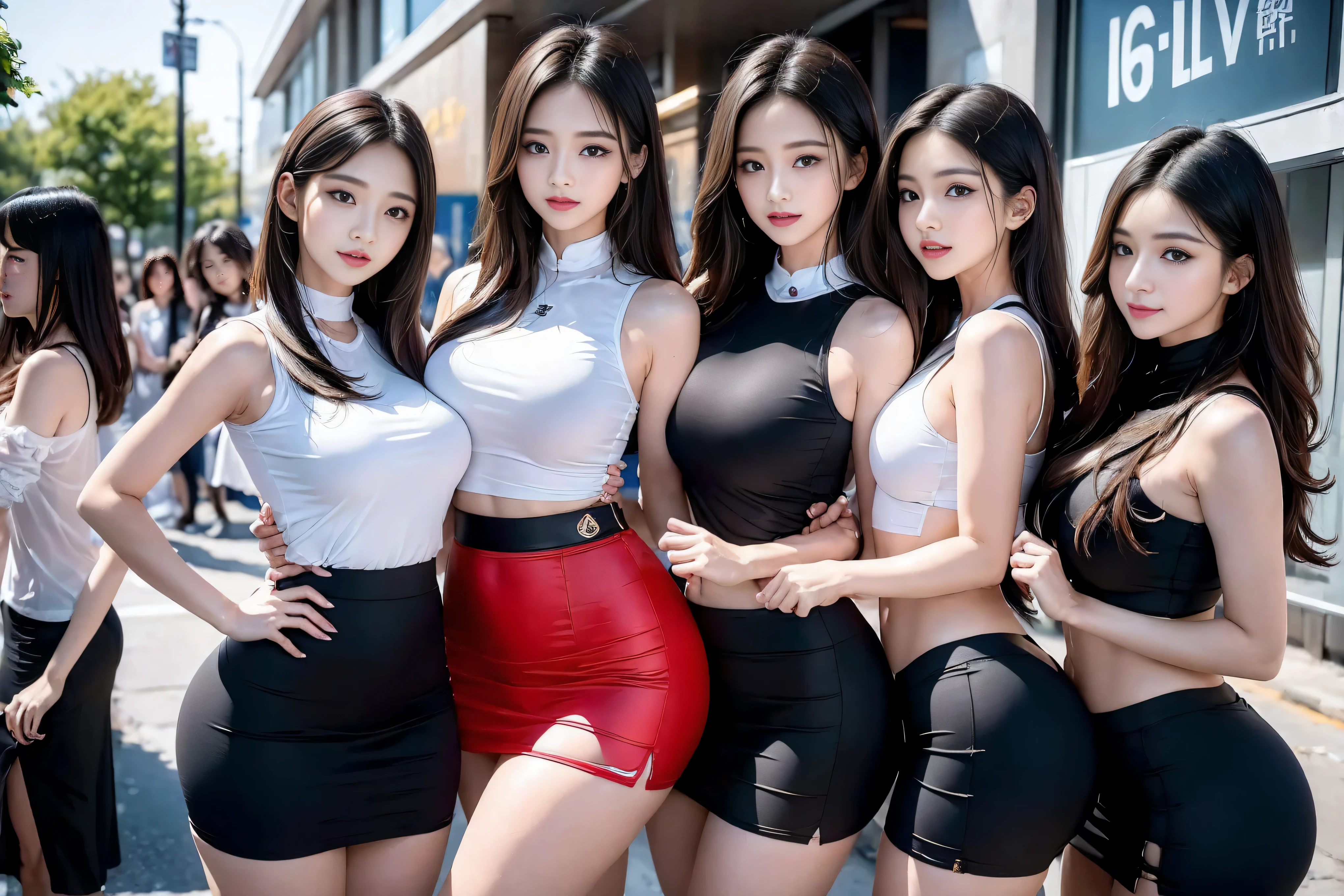 (quality),8K,(masterpiece:1.3),(3 girls:1.3),(In the name of Mina),Beautiful of Korean girl, Korean pop idol,beauty of woman与完美of身材:1.4,(Vest line,muscular hands:1.2),((Layered Hairstyle, Medium breasts:1.2)), ((View Viewer)),(A brilliant smile:1.3),(Big Ass),actual of,high resolution,Highly detailed facial and skin textures,Reality of face,RAW photos,((Pretty face:1.5)),(beauty of woman:1.4),Perfect body example,,((Very rich facial details)),Attention to detail,Double eyelids,eye shadow enhancement,Eye for detail,Professional lighting,Cinema Light Optics,Sharp focus,((sporty style)),((Optics, Bright colors、Fit of T-shirt,Short skirt,((Lively,positive of,Livelyof thighs)),(of:1.3),Ultra-thin sports bar,Hip skirt,There are on the street,