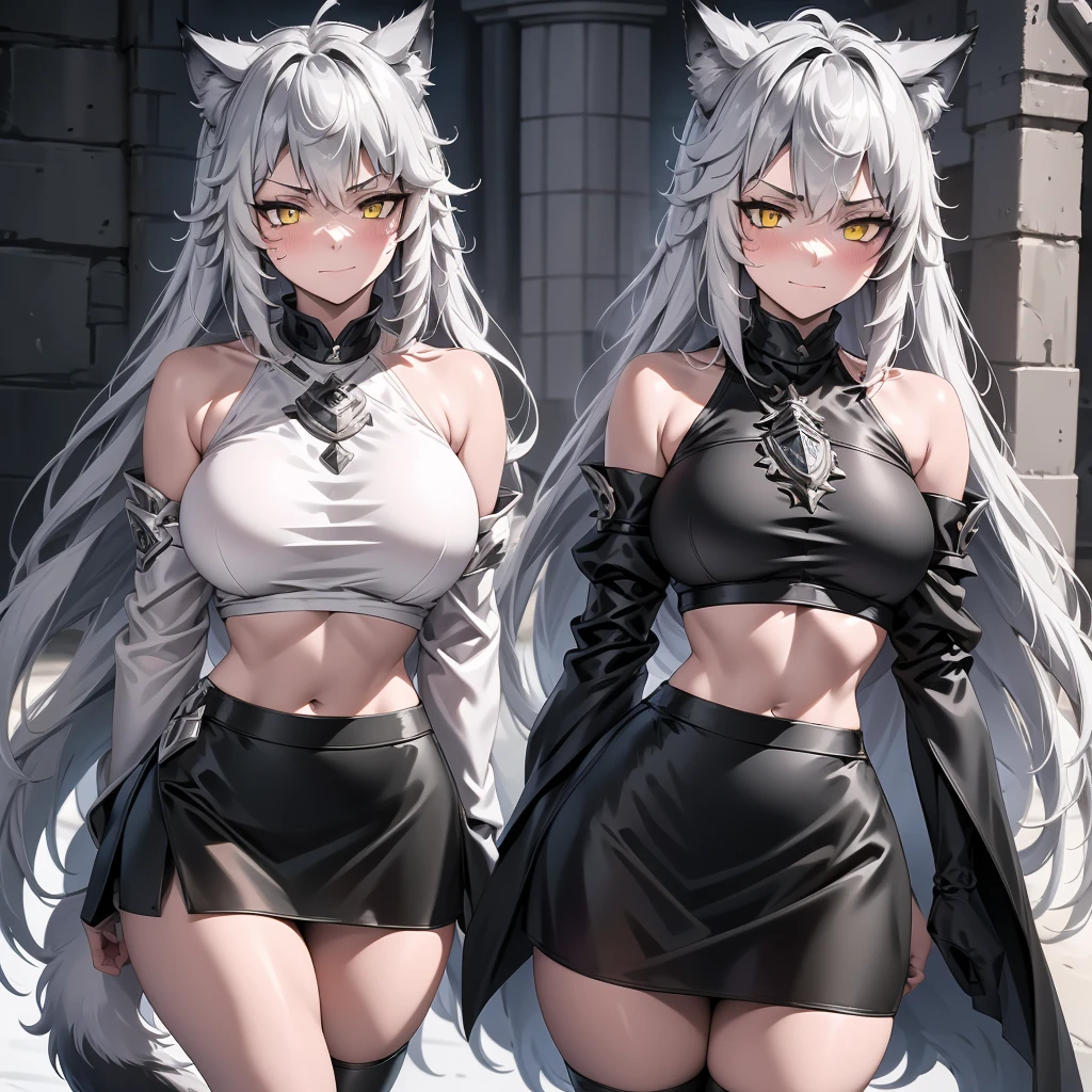 Solo, full body portrait, 8K, tall beautiful young werewolf woman, detailed metal extravagant knight armor, fluffy wolf ears, white pale skin, smooth skin, especially detailed face, masterpiece, ultra detailed, best quality, highlydetailed face, ultra-detailed face, goth aesthetic wolf tailed girl, athletic body, pale white skin, big breasts, curvy, busty, long hair, gray-silver hair, a young woman, wolf ears, long wolf tail, fluffy wolf tail, bright amber eyes, wolf-like irises, beautiful, enchanting, bright yellow eyes, detailed eyes, ultra-detailed eyes, accurate eyes, detailed irises, correct body proportions, elegant, small vertical scar under right eye, small rosy lips, closed mouth, cute canines, wolf fangs, pretty hands, detailed hands, slight blush, shy smile, black metal armor, black crop top, black bike shorts, detached sleeves, two piece armor, black and red armor, metal chest armor, armored bike long shorts with skirt,, silver armored jacket, silver metallic ornaments, bare off shoulders, toned abs, exposed belly, standing pose, angry blushed expression