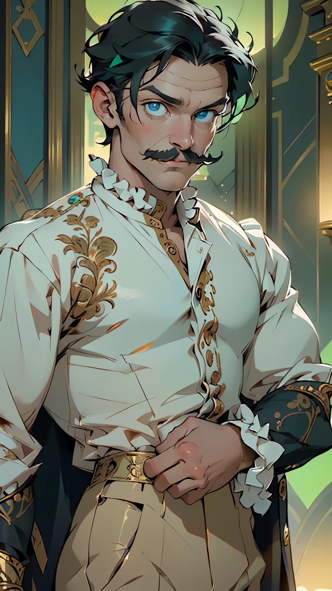 (((Doctor Victor Frankenstein))),(creator of Frankenstein's monster),(pectoral,man chest), (45 year old man),mature,((1male,1 male,1man,man,male gender:1.5,male focus)),(((Victorian era black hair and mustaches))),(((blue_eyes:1.3))),intricate eyes,beautiful detailed eyes,symmetrical eyes,((detailed face)), (A middle-aged German man with a strong jaw),
serious face,evil eyes,
(((Victorian era black suit, white shirt with frills, golden embroidery))),((bulge in pants)),((intricate outfit,intricate clothes, Victorian era style clothes)),
(dynamic pose:1.0),mocking,(centered,scale to fit dimensions,Rule of thirds),
((((surrounded by tiny orbs of bright green light that float and spin around him)))),
indoor,((Victorian style dark palace at night)),scenery:1.25,intricate scenery,extremely scenery,((Victorian style dark palace in the background)),
(Glossy Victorian era ornaments),highres,sharp focus,(ultra detailed,extremely detailed),(photorealistic artwork:1.37),(extremely detailed CG unity 8k wallpaper),(((vibrant colors,vibrant theme))),(intricate),(masterpiece),(best quality),artistic photography,(photography taken by sldr),(intricate background),perfect rendered face,perfect face details,realistic face,photo realistic,((intricate detail)),(((realism))),