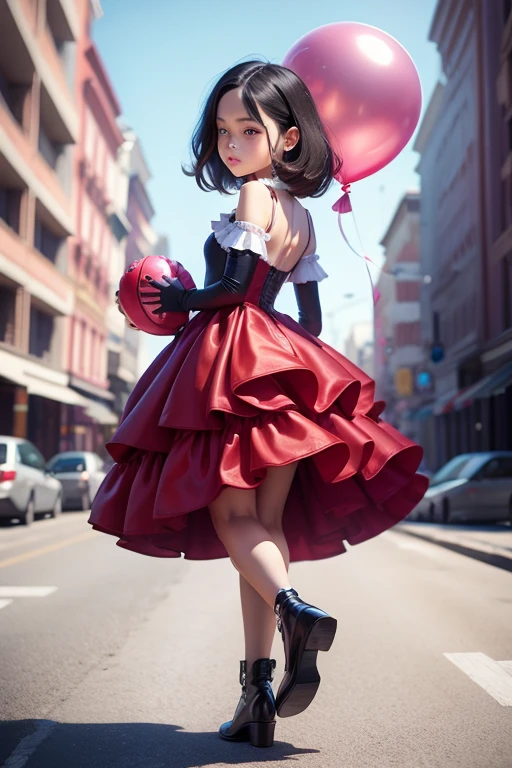 ((holding a ballon)), (((full body))), real photo, 9 years old girl, Brat female , ((looking back at me)), long glove, red dress shoes,