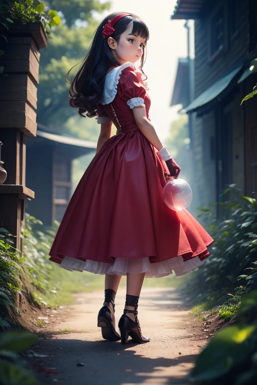 ((holding a ballon)), (((full body))), real photo, 9 years old girl, Brat female , ((looking back at me)), long glove, red dress shoes,