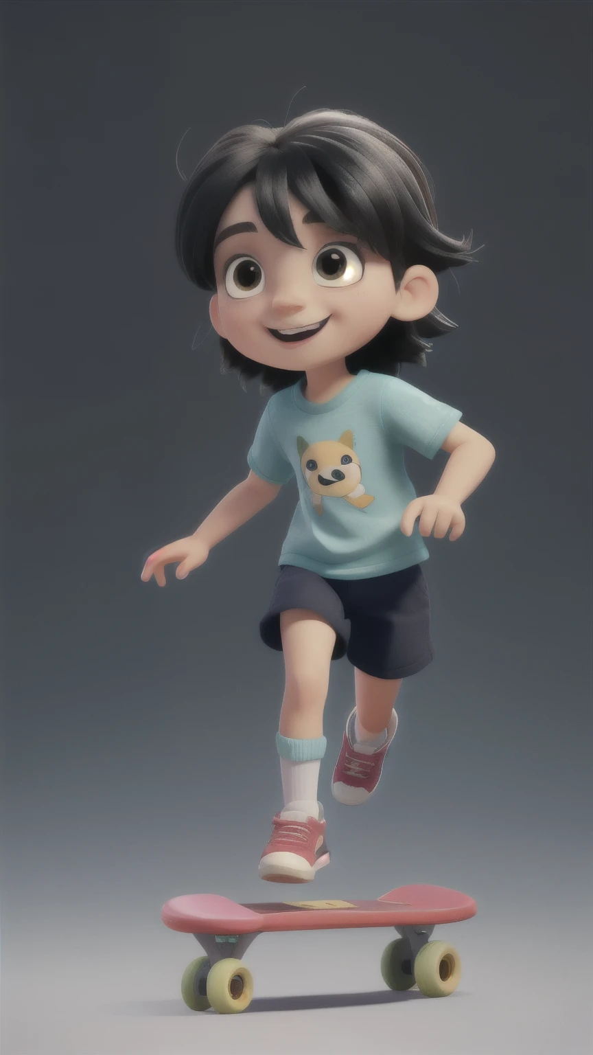 Give me a little girl,Skateboarding,Black hair,jump,Holding something,Casual Clothing,happy,running,Warm color matching,3D rendering by Yang Borun, behance, Fantasy Art, Behance HD, Art Station HD, Render in Maya