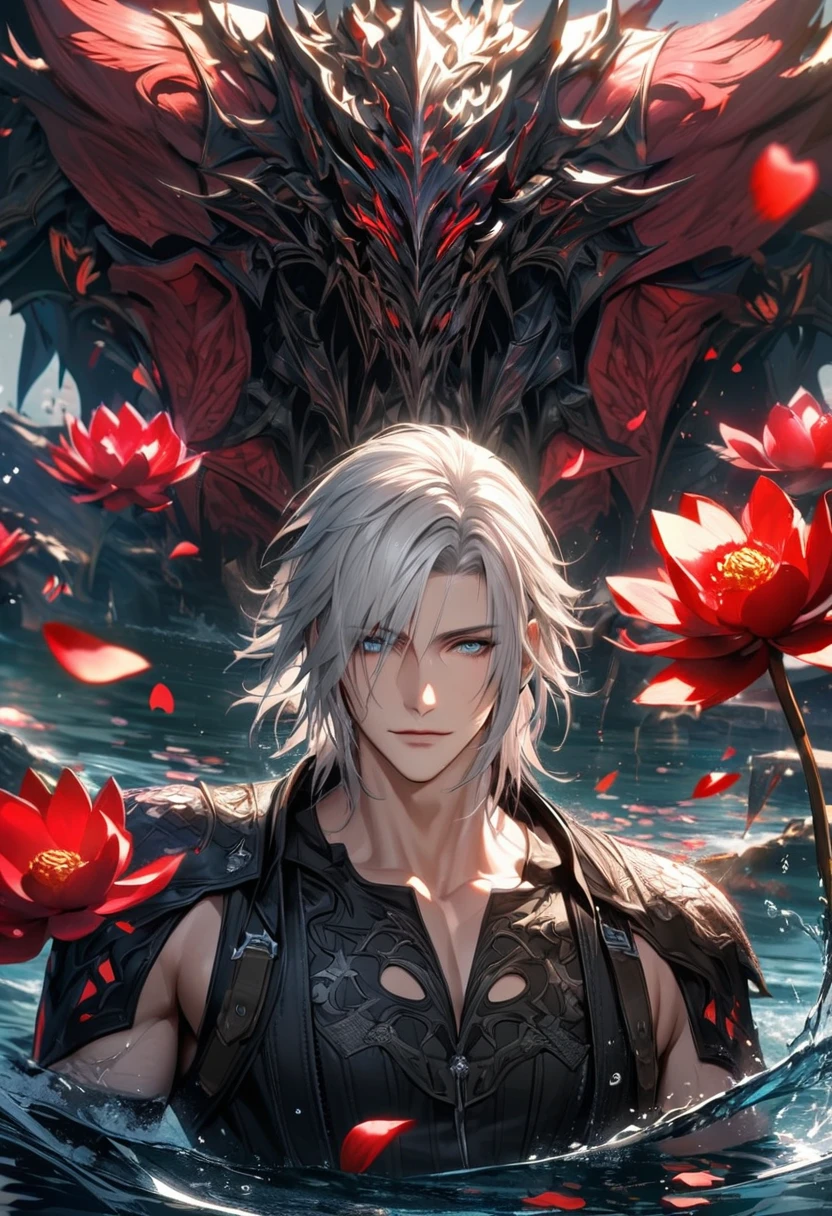 absurdres, highres, ultra detailed, HDR, master piece, best quality, Ravus Nox Fleuret, white hair, expressive blue eyes, Final Fantasy XV, 1man, handsome, water, petals, red lotus, red butterflies