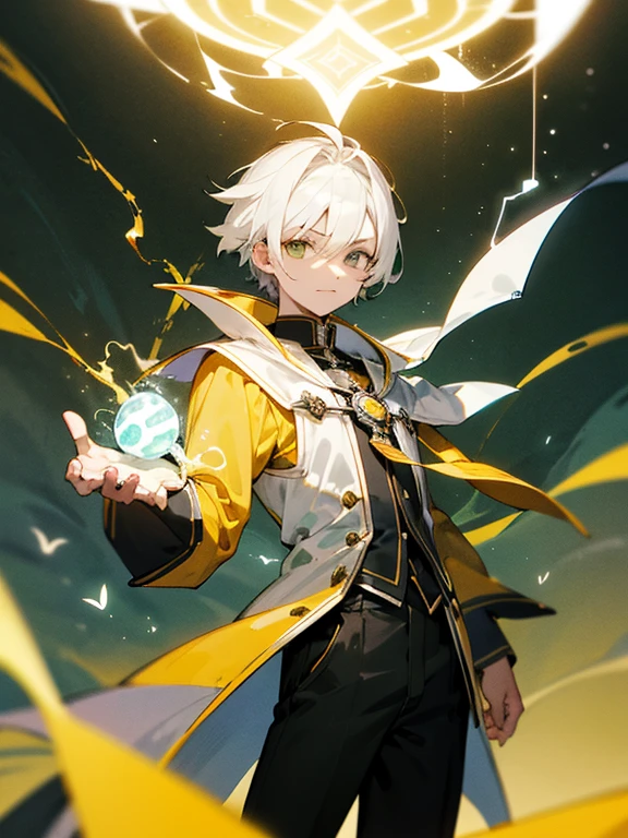 Homem 26 anos, magia ao redor, roupas em tons de amarelo e branco, eletricidade, Electric Mage, olhos azul claros, cabelo amarelo pontiagudo, foco frontal