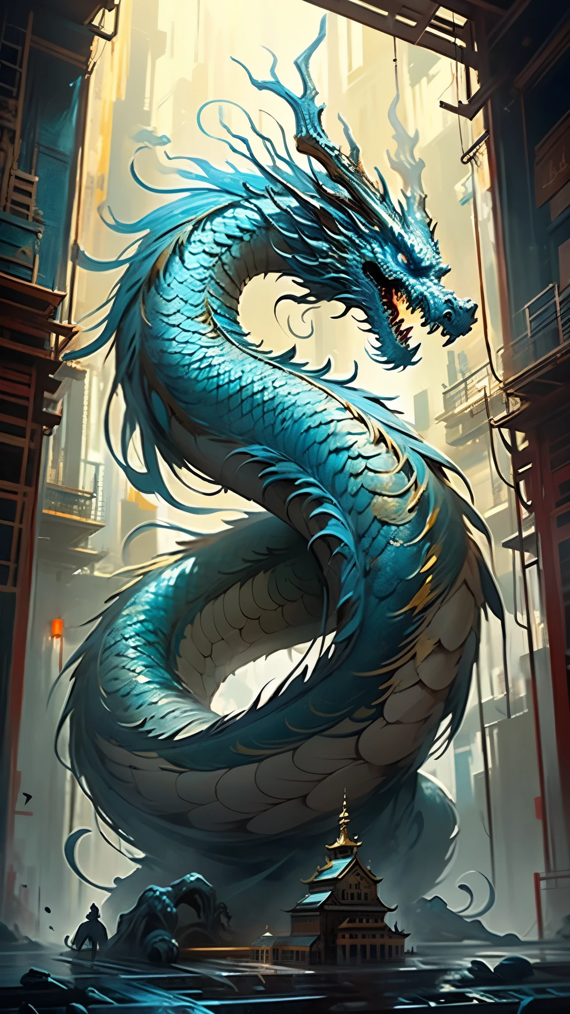 最got it品质，masterpiece，Ultra-high resolution，No humans，（length：1.2），（finely：1.2），chinese golden red dragon，length hair，tooth，blue eyes，teeth，cloud，cupola，From behind，armor，sky sky，Open your mouth，Showdown，gather strength，Size Differences，Gray Hair，building，got it，（the texture is real：1.2），（Glowing colorful scales：1.2），（real details：1.2），（[street frontage|~ side]：1.1），Ultra-precise 3D modeling，like tim burton、dale chifley、Xiaolengthcheng、Other authors include Cyril Rolland and Junior.. Giger-style paintings are equally magical。shadow and light intertwine，produce brilliant results。