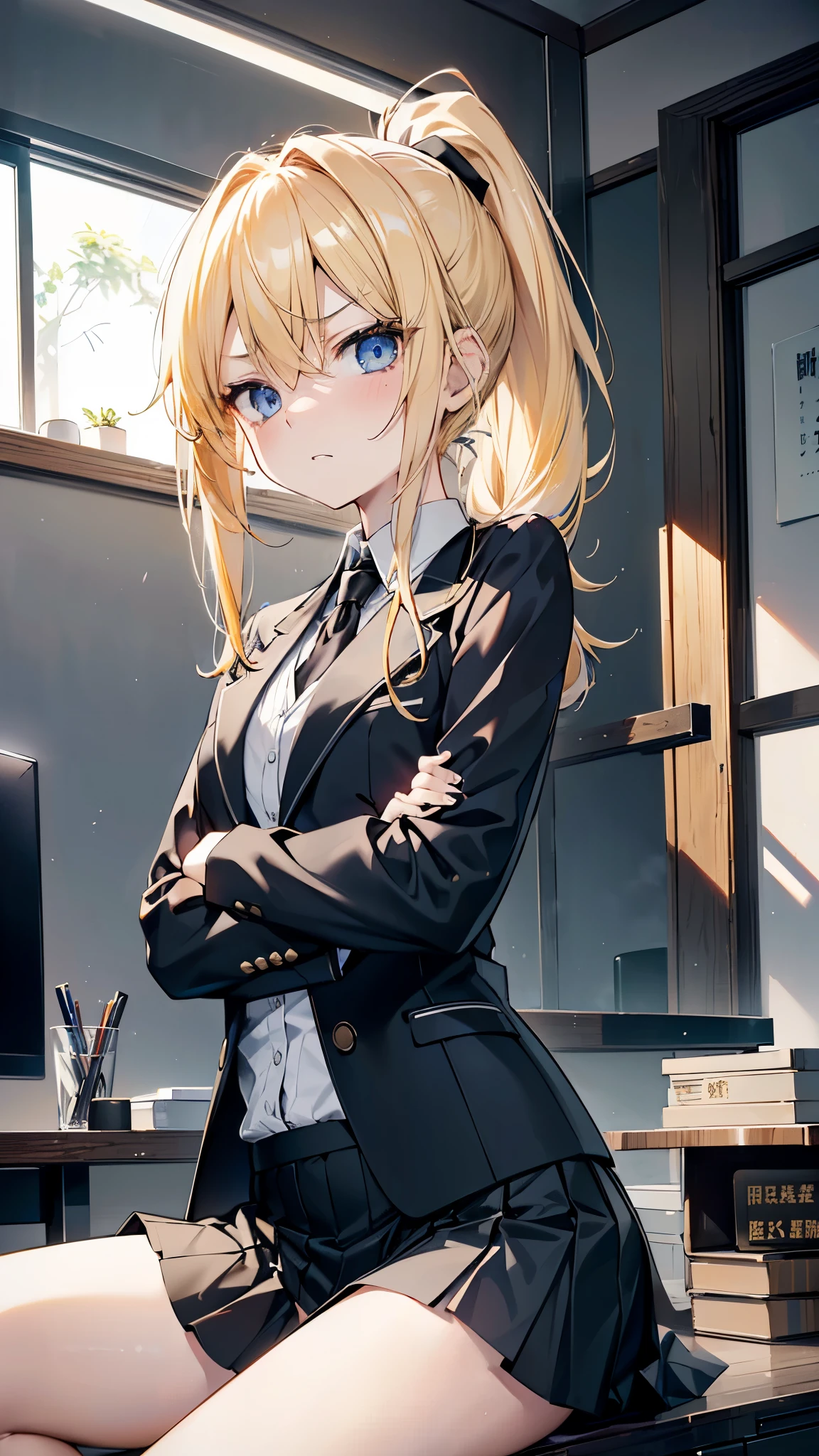 highest quality、masterpiece、8k、Ai Hayasaka、Leg spread、Knee Up、Triangle sitting、hold one's knees、Watery eye、yellow hair:1.4、22 years old、((anger、Get angry、glare:1.4、despise))、Female boss、office、work、contempt、look down、high pressure:1.3、至close range、Cross-legged、Cross-leggedをかく、secretary:1.4、(((black suit、Black mini skirt and white panties、ponytail:1.2、Cold-hearted、)))、Small face、Angry:1.4、Glare:1.4、((Very boyish:1.3、Viewpoint、))、close range:1.3、Cool women、((Golden Hair、Blue Eyes、20 year old female)、
