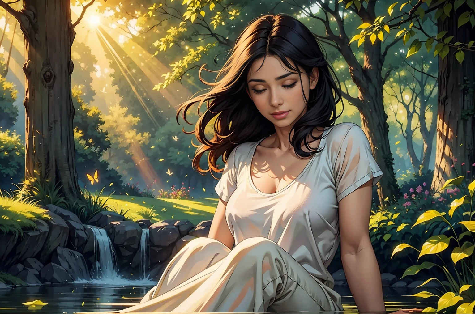 (best quality,realistic,1girl),40 years old,very detailed eyes,very detailed lips,black hair,short,t-shirt,cozy ambience,soft lighting,tranquil ambiance,full body,pleasant garden,butterflies,floating flowers,peaceful atmosphere,lush greenery,serene moment,delicate features,subtle smile,sparrows chirping,relaxed pose,gentle breeze,harmonious colors,natural beauty,dewdrops on leaves,calm expression,serenity and tranquility,sun-kissed glow,whisper of leaves,rays of sunlight filtering through trees,sun-dappled shade,harmony with nature,contemplative mood,sublime tranquility
