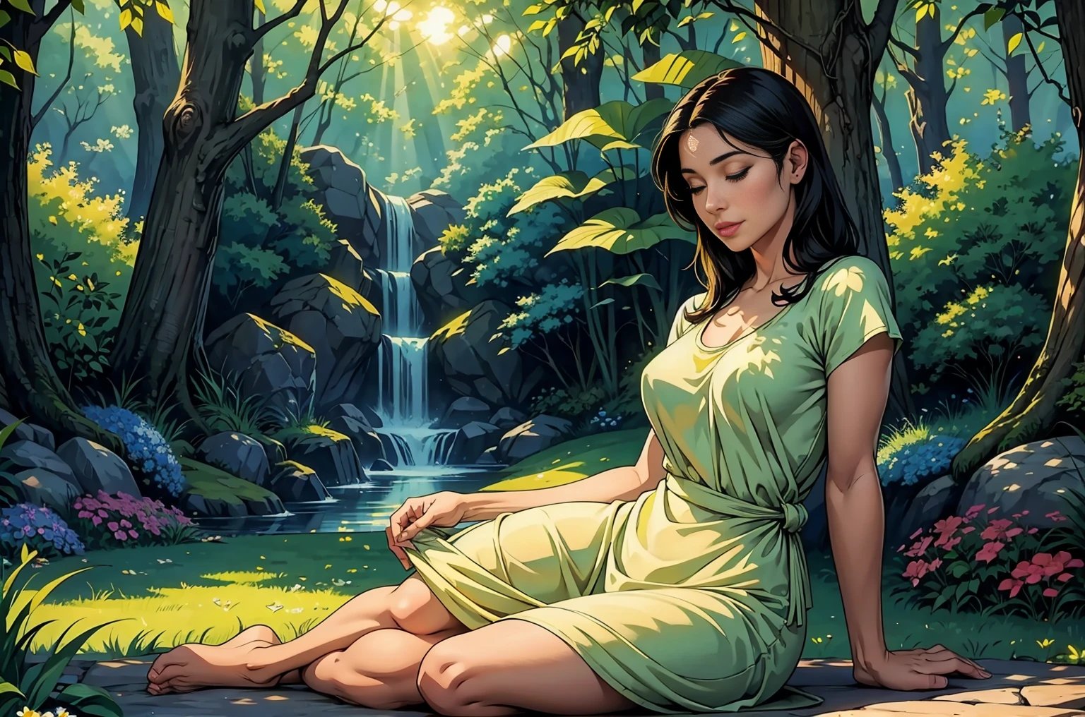 (best quality,realistic,1girl),40 years old,very detailed eyes,very detailed lips,black hair,short,t-shirt,cozy ambience,soft lighting,tranquil ambiance,full body,pleasant garden,butterflies,floating flowers,peaceful atmosphere,lush greenery,serene moment,delicate features,subtle smile,sparrows chirping,relaxed pose,gentle breeze,harmonious colors,natural beauty,dewdrops on leaves,calm expression,serenity and tranquility,sun-kissed glow,whisper of leaves,rays of sunlight filtering through trees,sun-dappled shade,harmony with nature,contemplative mood,sublime tranquility