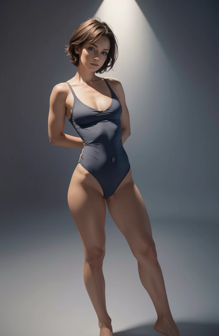 Skin tight top: 1.2, viewer's perspective, cinematic lighting, perfect, soft light, high resolution skin: 1.2, realistic skin texture, 30 year old mature woman, small face, no makeup, off shoulders, bust B cup, chest , completely nude, blue eyes, short hair, dark brown hair, bare feet, standing pose, full body angle, gray background,