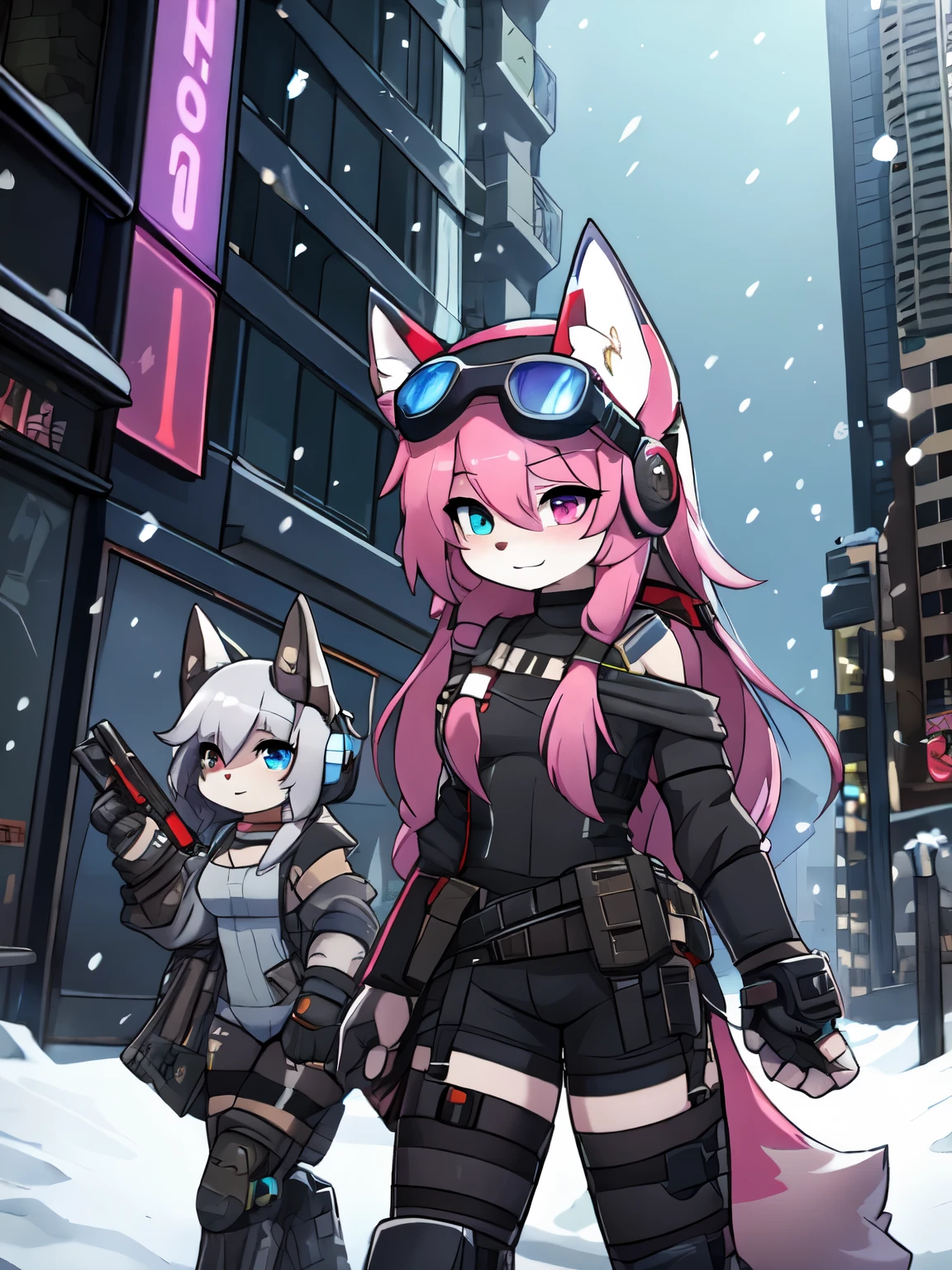 Kawaii, Pink striped Fluffy Fox, , emaciated, Pink long hair, left eye is red, right eye is blue, heterochromia, 3girls, in the night deserted city with snowing with ruin, artificial synthetic skin, life support prosthetics, biological prosthetic legs, digital headphones, biological prosthetic arms, Military-under shirt, black tight latex leotard, white over-sleeve mechanical long dress, thigh-high-socks, grey fading opaque stockings, shorts, Grey long-Sleeve loose off-the-shoulder Military hood jacket, tactical gun holsters in thigh, Mechanical boots, metallic knee pads, tactical belted loose Arm Sleeves, watch, cybernetic Display gloves, chest rigs, tactical belts, blue-archive halo, holding pistol on left hand, bulletproof goggles, from Ark nights,