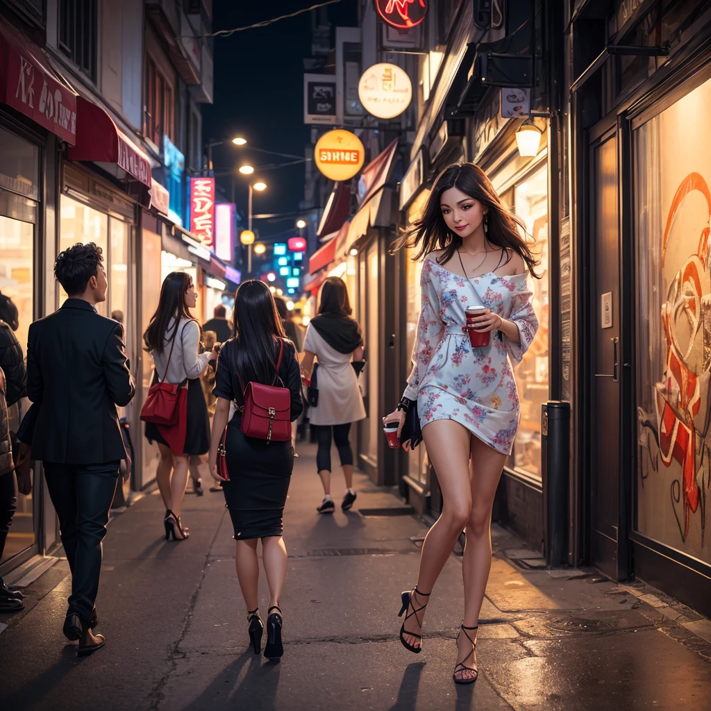 (best quality,4k,8k,highres,masterpiece:1.2),ultra-detailed,(realistic,photorealistic,photo-realistic:1.37),super cute girl,leaving the club,morning,hung over,way too small dress,torn hose,morning hair,early dawn,streets of Bangkok,soft sunlight,bokeh,cheerful expression,long eyelashes,slightly disheveled hair,streetlights illuminating the road,dazzling neon lights on buildings,urban atmosphere,fashionable makeup,end of a fun night, vibe,dreamy color palette,graffiti-covered walls,bustling city ambiance,caffeine in hand,carrying heels,smiling tiredly,blurred motion on the street,stylish accessories,exciting night out,enjoying the city at dawn,serene yet energetic surroundings,enticing nightlife,confident stride,energetic atmosphere,vibrant city life,lively streets,feet sore from dancing,mischievous glint in her eyes,enigmatic aura,warm city breeze,stylish handbag,unforgettable memories,carefree spirit,understated elegance,unique fashion sense,mixed emotions,urban chic look,unconventional beauty,alluring charm,moment of tranquility in the bustling city(urban,abstract:0.9),city exploration.