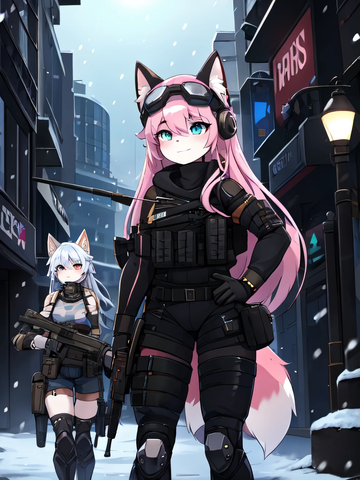 Kawaii, Pink striped Fluffy Fox, , emaciated, Pink long hair, left eye is red, right eye is blue, heterochromia, 3girls, in the night deserted city with snowing with ruin, artificial synthetic skin, life support prosthetics, biological prosthetic legs, digital headphones, biological prosthetic arms, Military-under shirt, black tight latex leotard, white over-sleeve mechanical long dress, thigh-high-socks, grey fading opaque stockings, shorts, Grey long-Sleeve loose off-the-shoulder Military hood jacket, tactical gun holsters in thigh, Mechanical boots, metallic knee pads, tactical belted loose Arm Sleeves, watch, cybernetic Display gloves, chest rigs, tactical belts, blue-archive halo, holding pistol on left hand, bulletproof goggles, from Ark nights,