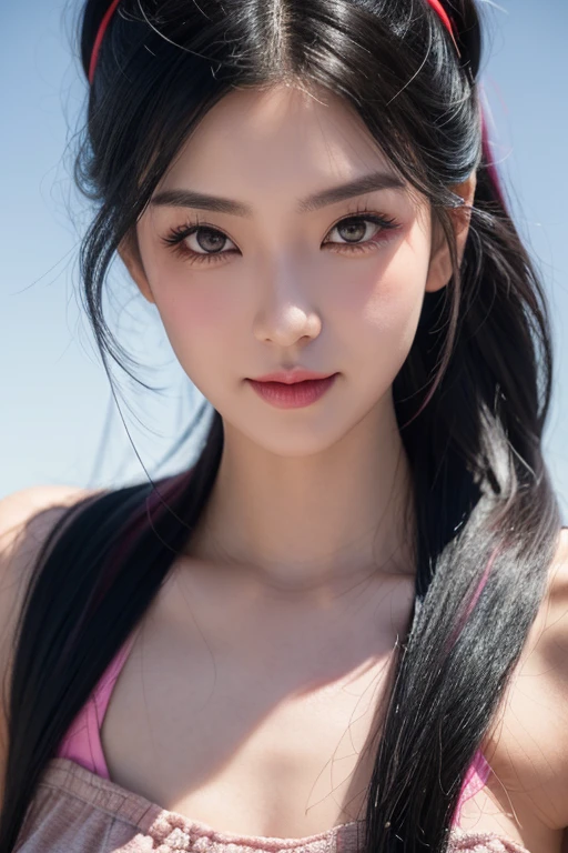 black hair, hair bobbles, longeyelashes, solid circle eyes, light smile, ear blush, fang, multicolored hair, hair one side up, pout, Surrealism, drop shadow, anaglyph, stereogram, tachi-e, pov, atmospheric perspective, high detail, viewfinder, 8k, super detail, ccurate, best quality