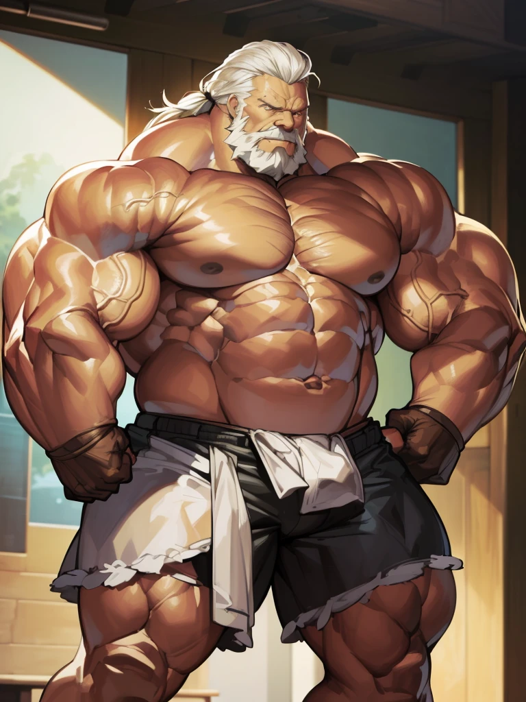full shots, ground level camera shot, (best quality,4k,8k,highres,masterpiece:1.2),ultra-detailed,(realistic,photorealistic,photo-realistic:1.37),((massive muscular)) ((huge Muscular)) old man standing in photo studio, simple background, shorts , white hair, super thick arms, super big pectoral, super wide pectoral, topless, shirtless.