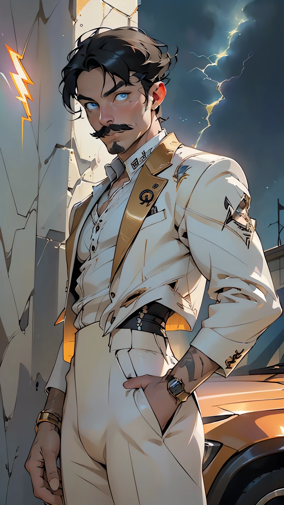 (((Nikola Tesla))),(scientist, inventor,Physicist Scientist Science Founder),nikola tesla from serbia-america,(pectoral,man chest), (45 year old man),mature,((1male,1 male,1man,man,male gender:1.5,male focus)),(((black hair and mustaches))),(((blue_eyes:1.3))),intricate eyes,beautiful detailed eyes,symmetrical eyes,((detailed face)),
serious face,
(((dieselpunk retro,valve punk,teslapunks retro,white suit, white shirt, golden embroidery))),((bulge in pants)),((intricate outfit,intricate clothes, Victorian era style clothes)),
(dynamic pose:1.0),mocking,(centered,scale to fit dimensions,Rule of thirds),
((((lightning bolt)))),
indoor,((Victorian style dark palace at night)),scenery:1.25,intricate scenery,extremely scenery,((Victorian style dark palace in the background)),
(Glossy teslapunk ornaments),highres,sharp focus,(ultra detailed,extremely detailed),(photorealistic artwork:1.37),(extremely detailed CG unity 8k wallpaper),(((vibrant colors,vibrant theme))),(intricate),(masterpiece),(best quality),artistic photography,(photography taken by sldr),(intricate background),perfect rendered face,perfect face details,realistic face,photo realistic,((intricate detail)),(((realism))),