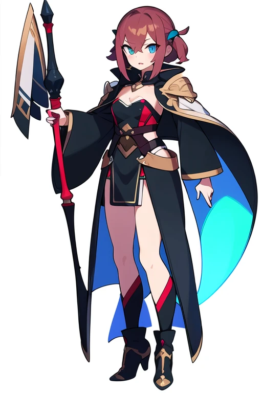stand posture, cute eyes, adult woman,, solo, high fantasy outfits, ((white background)), full body, holding weapon,