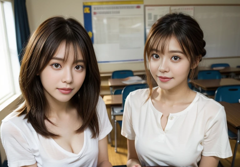 (highest quality、4K、High resolution、masterpiece: 1.2)、Super detailed、(Real、Photorealistic、Photorealistic: 1.37)、Classroom lighting、Bright colors、Bokeh)、traditional painting style、Subtle tones、Soft lighting)、 Shoulder-length bob with bangs、Wavy hairstyle）、Sophisticated girl、Cute expression、White shirt、Red bra seen from above、Short sleeve、Translucent fabric、sitting in a school chair in the classroom、blackboard、__Hair Color 2__、__Hair length__、__Hairstyle__)