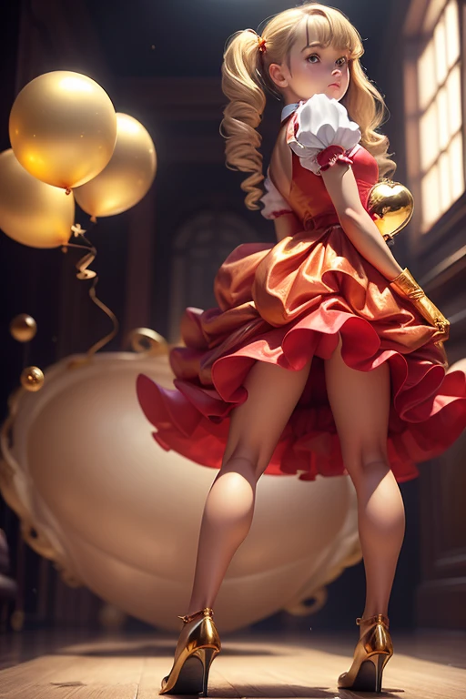 ((holding a gold ballon)), (((full body))), real photo, girl, Brat female , ((looking back at me)), long glove, red dress shoes,