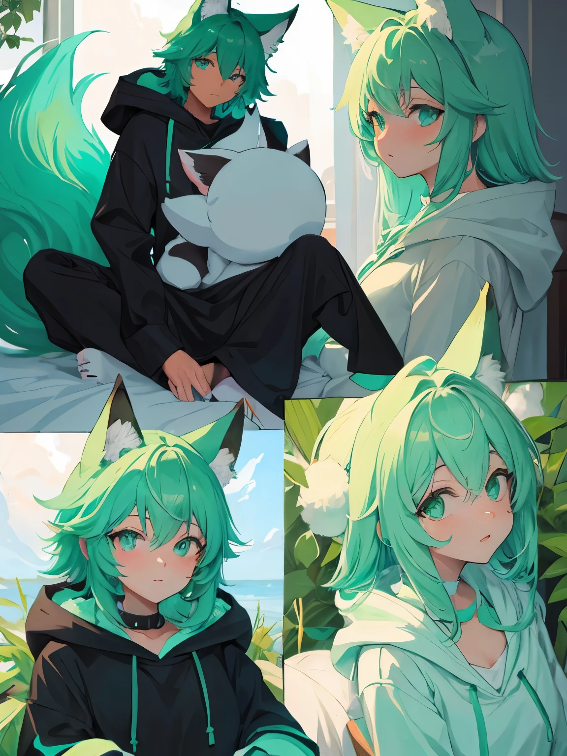 masterpiece, alone, Furry, kemono, Shaggy fox, personification, black fur, Dark Skin, Mint green eyes, Mint green hoodie, Femboy, 