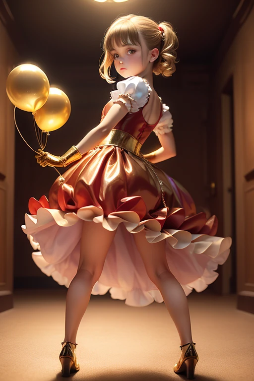 ((holding a gold ballon)), (((full body))), real photo, 10 years old girl, Brat female , ((looking back at me)), long glove, red dress shoes,