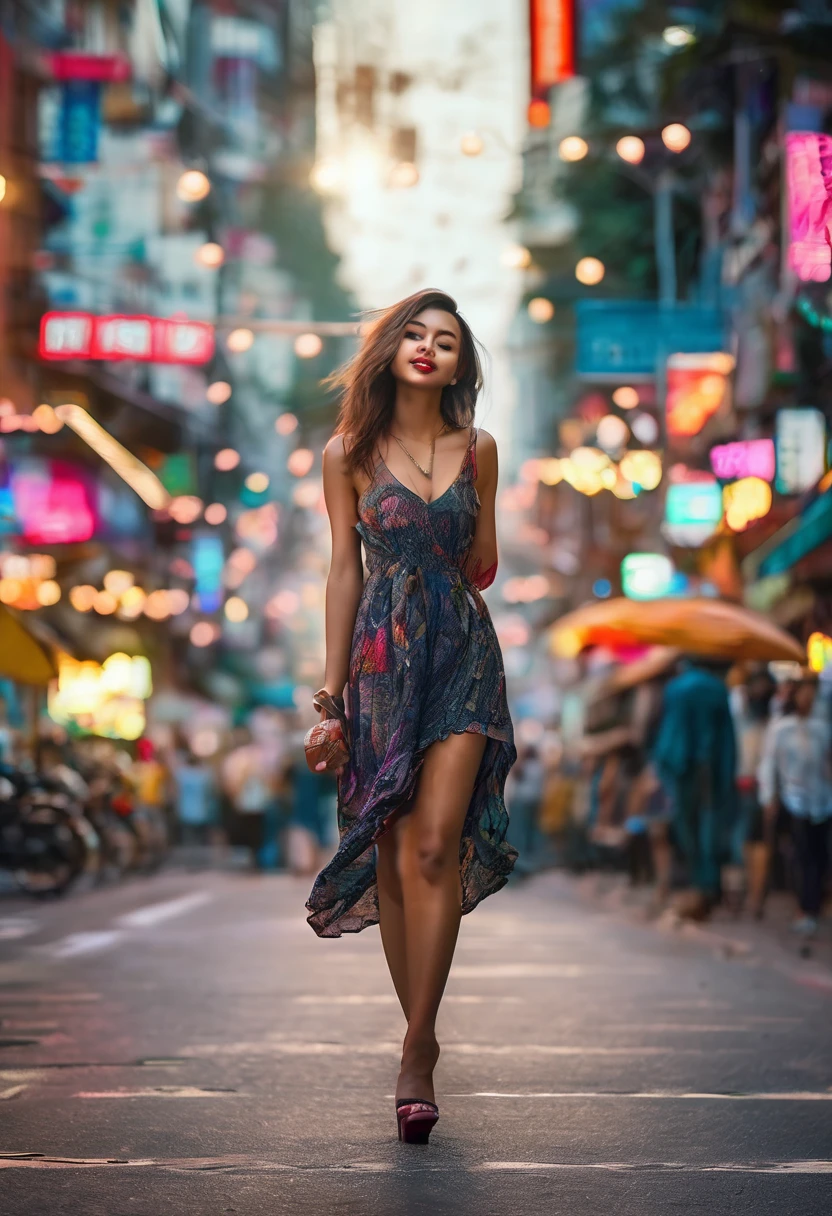 (best quality,4k,8k,highres,masterpiece:1.2),ultra-detailed,(realistic,photorealistic,photo-realistic:1.37),super cute girl,leaving the club,morning,hung over,way too small dress,torn hose,morning hair,early dawn,streets of Bangkok,soft sunlight,bokeh,cheerful expression,long eyelashes,slightly disheveled hair,streetlights illuminating the road,dazzling neon lights on buildings,urban atmosphere,fashionable makeup,end of a fun night, vibe,dreamy color palette,graffiti-covered walls,bustling city ambiance,caffeine in hand,carrying heels,smiling tiredly,blurred motion on the street,stylish accessories,exciting night out,enjoying the city at dawn,serene yet energetic surroundings,enticing nightlife,confident stride,energetic atmosphere,vibrant city life,lively streets,feet sore from dancing,mischievous glint in her eyes,enigmatic aura,warm city breeze,stylish handbag,unforgettable memories,carefree spirit,understated elegance,unique fashion sense,mixed emotions,urban chic look,unconventional beauty,alluring charm,moment of tranquility in the bustling city(urban,abstract:0.9),city exploration.