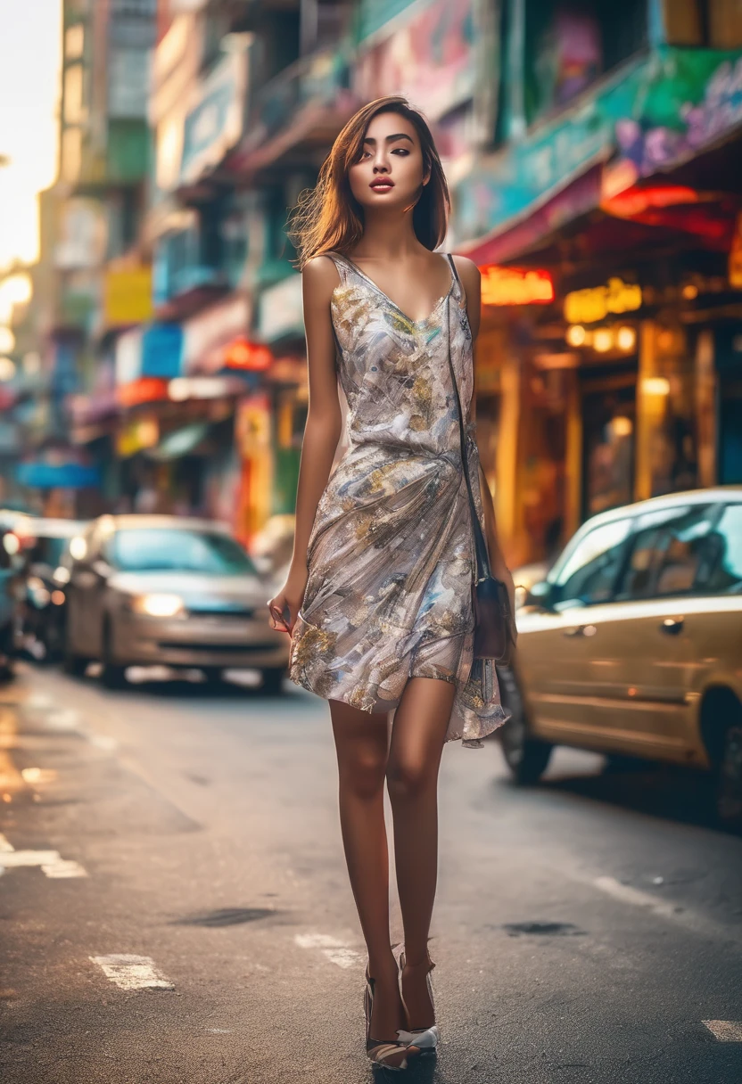 (best quality,4k,8k,highres,masterpiece:1.2),ultra-detailed,(realistic,photorealistic,photo-realistic:1.37),super cute girl,leaving the club,morning,hung over,way too small dress,torn hose,morning hair,early dawn,streets of Bangkok,soft sunlight,bokeh,cheerful expression,long eyelashes,slightly disheveled hair,streetlights illuminating the road,dazzling neon lights on buildings,urban atmosphere,fashionable makeup,end of a fun night, vibe,dreamy color palette,graffiti-covered walls,bustling city ambiance,caffeine in hand,carrying heels,smiling tiredly,blurred motion on the street,stylish accessories,exciting night out,enjoying the city at dawn,serene yet energetic surroundings,enticing nightlife,confident stride,energetic atmosphere,vibrant city life,lively streets,feet sore from dancing,mischievous glint in her eyes,enigmatic aura,warm city breeze,stylish handbag,unforgettable memories,carefree spirit,understated elegance,unique fashion sense,mixed emotions,urban chic look,unconventional beauty,alluring charm,moment of tranquility in the bustling city(urban,abstract:0.9),city exploration.