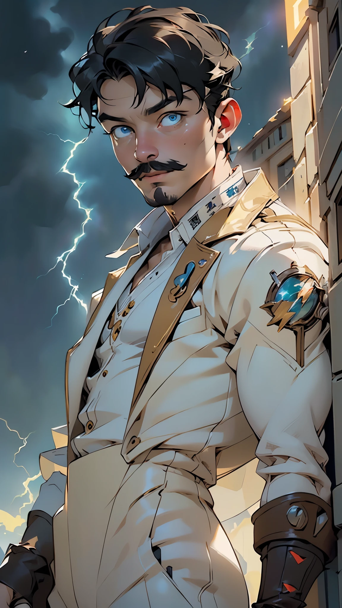 (((Nikola Tesla))),(scientist, inventor,Physicist Scientist Science Founder),nikola tesla from serbia-america,(pectoral,man chest), (45 year old man),mature,((1male,1 male,1man,man,male gender:1.5,male focus)),(((black hair and mustaches))),(((blue_eyes:1.3))),intricate eyes,beautiful detailed eyes,symmetrical eyes,((detailed face)),
serious face,
(((dieselpunk retro,valve punk,teslapunks retro,white suit, white shirt, golden embroidery))),((bulge in pants)),((intricate outfit,intricate clothes, Victorian era style clothes)),
(dynamic pose:1.0),mocking,(centered,scale to fit dimensions,Rule of thirds),
((((lightning bolt)))),
indoor,((Victorian style dark palace at night)),scenery:1.25,intricate scenery,extremely scenery,((Victorian style dark palace in the background)),
(Glossy teslapunk ornaments),highres,sharp focus,(ultra detailed,extremely detailed),(photorealistic artwork:1.37),(extremely detailed CG unity 8k wallpaper),(((vibrant colors,vibrant theme))),(intricate),(masterpiece),(best quality),artistic photography,(photography taken by sldr),(intricate background),perfect rendered face,perfect face details,realistic face,photo realistic,((intricate detail)),(((realism))),