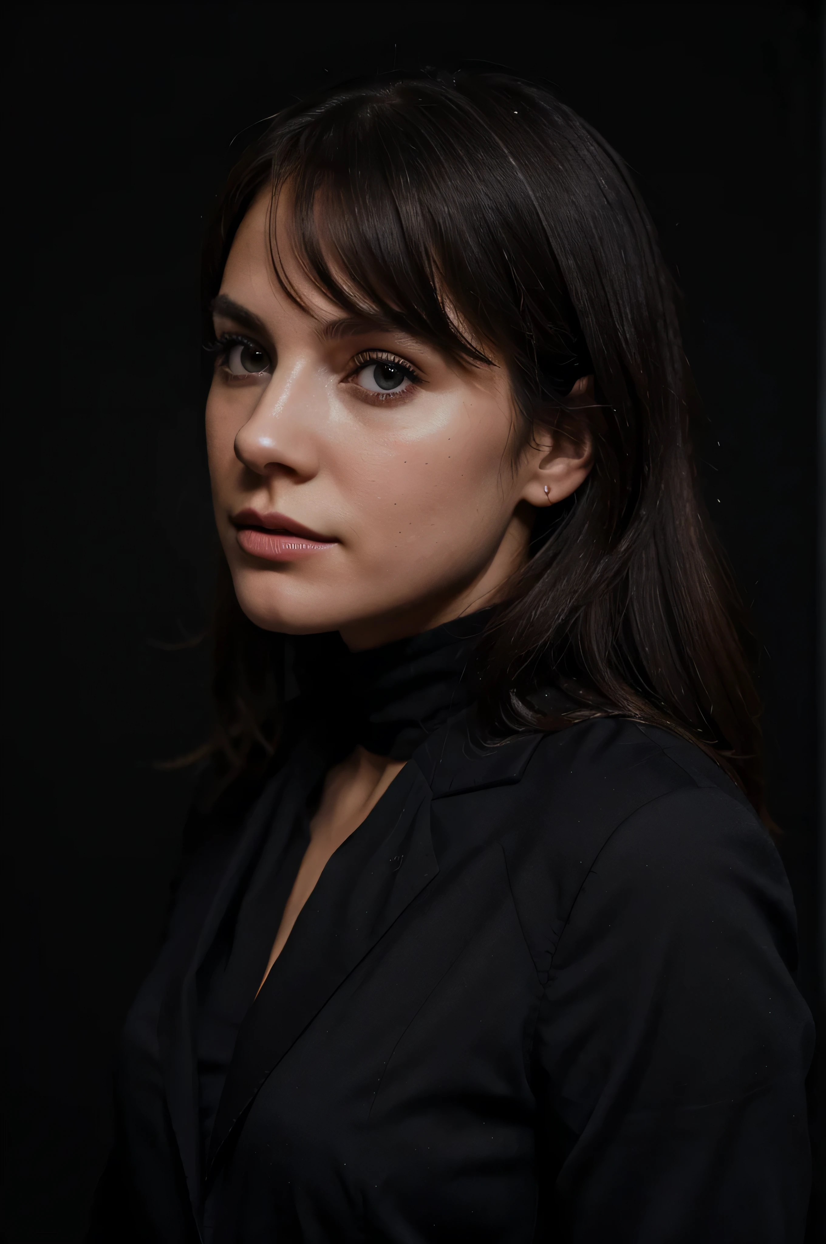 A white woman is facing the camera, wearing a dark suit against a dark background. Take makeup photos and take photos of your upper body.