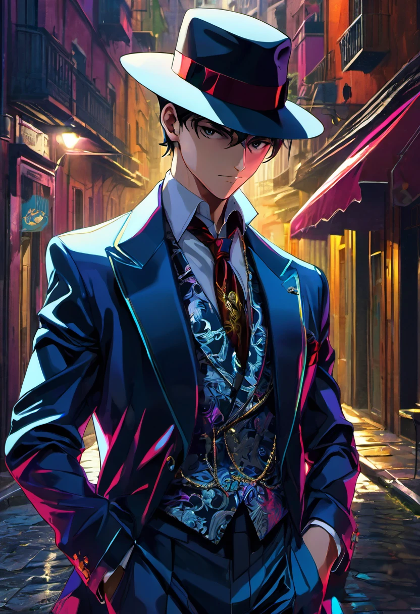 (best quality,4k,8k,highres,masterpiece:1.2),ultra-detailed,(realistic,photorealistic,photo-realistic:1.37),Anime adolescent guy italian mafia outfit,italian mafia godfather,gangster,sharp focus,striking,dynamic,expressive action,confident stance,mesmerizing gaze,vivid colors,neon lights,a dark back alley,Italian Renaissance art style,baroque aesthetics,play of light and shadows,strong chiaroscuro,vibrant brushstrokes,emotional intensity,rich color palette,atmospheric perspective,luxurious fabrics,detailed brocade patterns,dagger in hand,expensive suit and hat,cigar smoke,aura of authority,ominous atmosphere,mysterious ambiance.