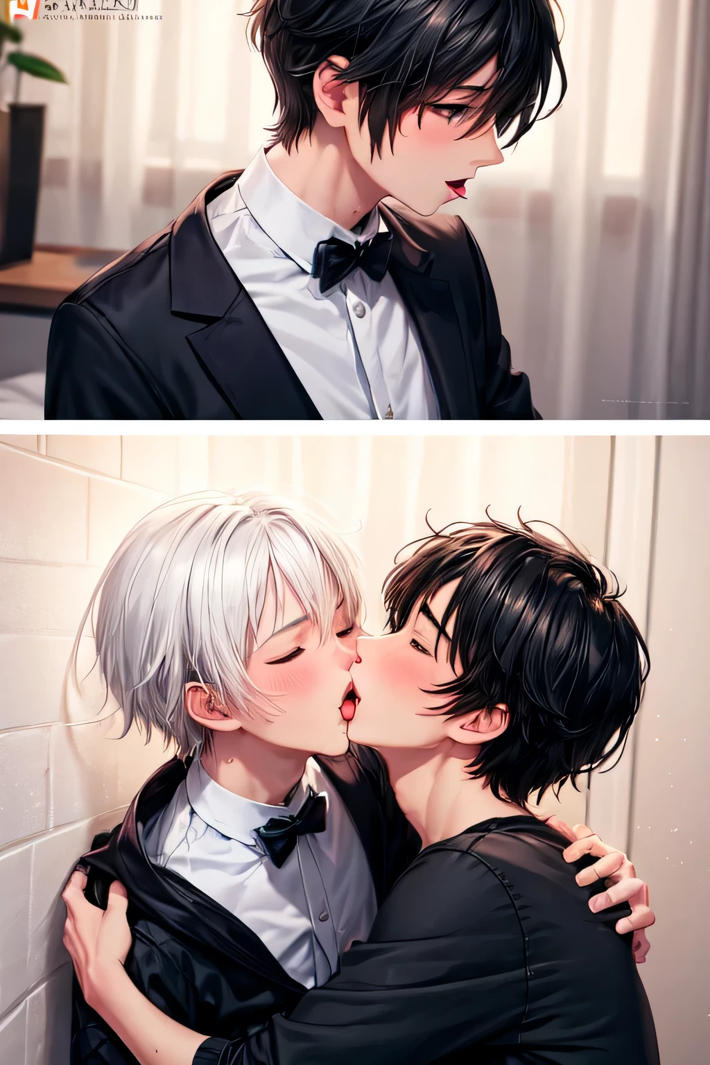 (two boys), tongue kiss, black hair, white hair, love, passion, intimate, bold, yaoi, hentai
