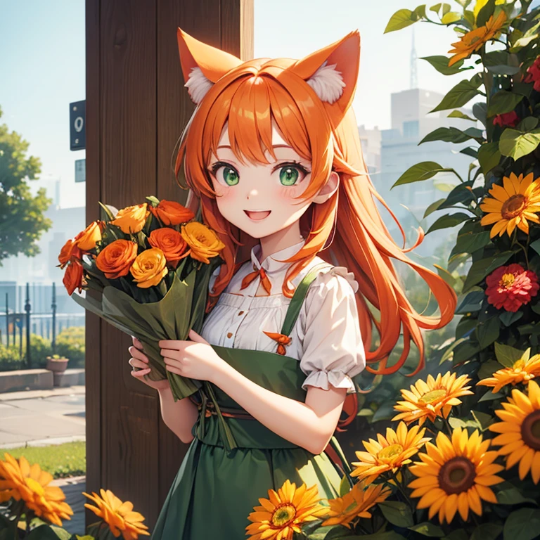 a cat eared orange hair green eyes girl is holding a lot of flowers and smiling.