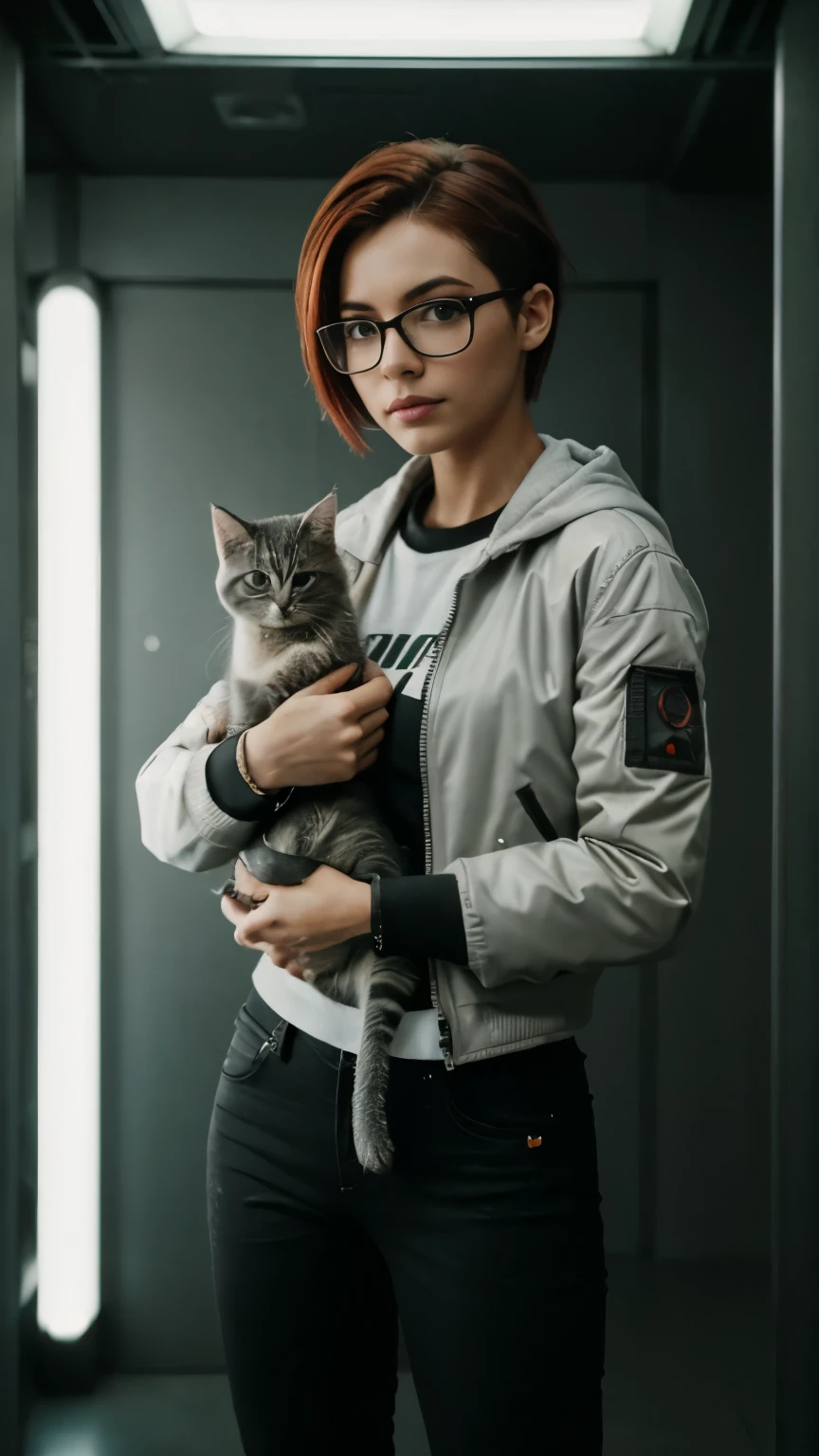 Full-body view, Impactful look and holding a gray kitten, Foto RAW,((jaqueta preta estilo cyberpunk:1.2)), ((retrato)), Android robot woman with short red hair, 30 years old with large glasses with modern aviator style design, olhos castanhos escuro, olhos perfeitos, ((fundo branco:1.2)), studio lighting, alta qualidade, filmic grain, Fujifilm XT3, Centralizado