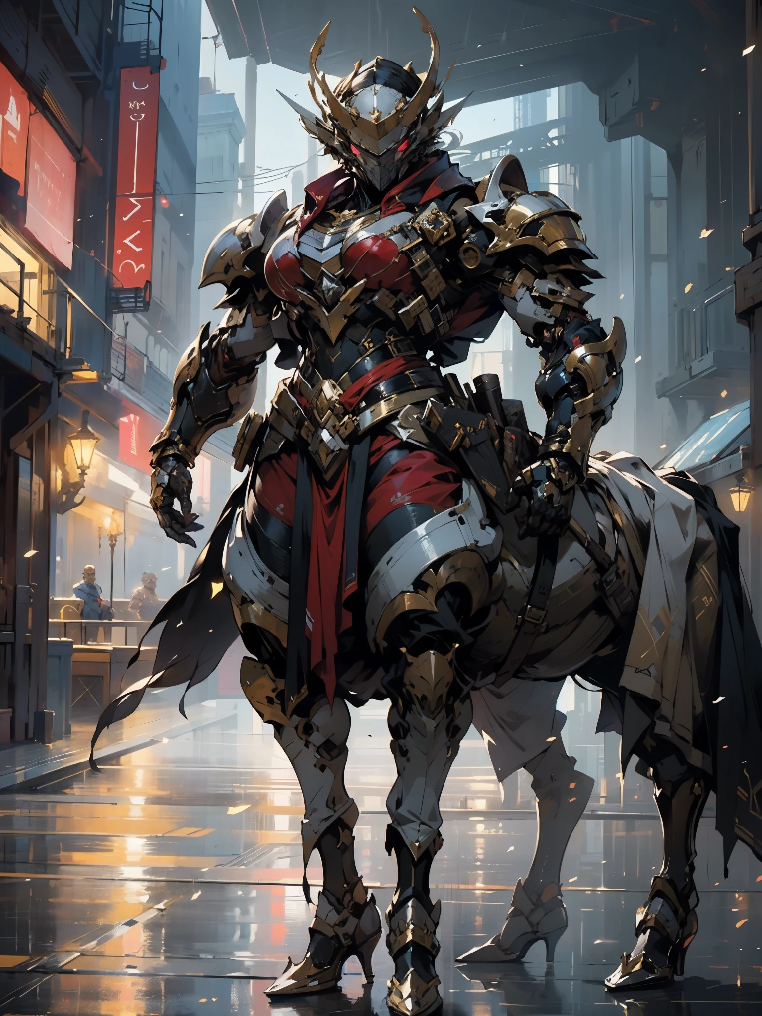Woman in fantasy full body armor, Crown Concepts Fully Enclosed Helmet,Only the eyes are exposed, Layered chest plate, Fully enclosed shoulder and hand guards, Light waist armor, - Fitted Shin Guards, The overall design is durable and flexible, (The armor shines with golden light, With red and blue accents), Show noble temperament, She floats above a fantastical and surreal high-tech city, This character embodies a well-designed anime-style armored hero,Fantastic surreal style, Exquisite and mature comic art style, (A hybrid of Queen Bee and Concept Armor, plasma), ((element, elegant, goddess, Miss:1.5)), metallic color, HD, best quality, high resolution, Ultra Detailed, Ultra-fine coating, Extremely refined, professional, anatomically correct, symmetrical face, Extremely detailed eyes and face, High quality eyes, creativity, original photo, 超HD, 32k, Natural light, Movie Lighting, masterpiece-anatomy-perfect, masterpiece:1.5