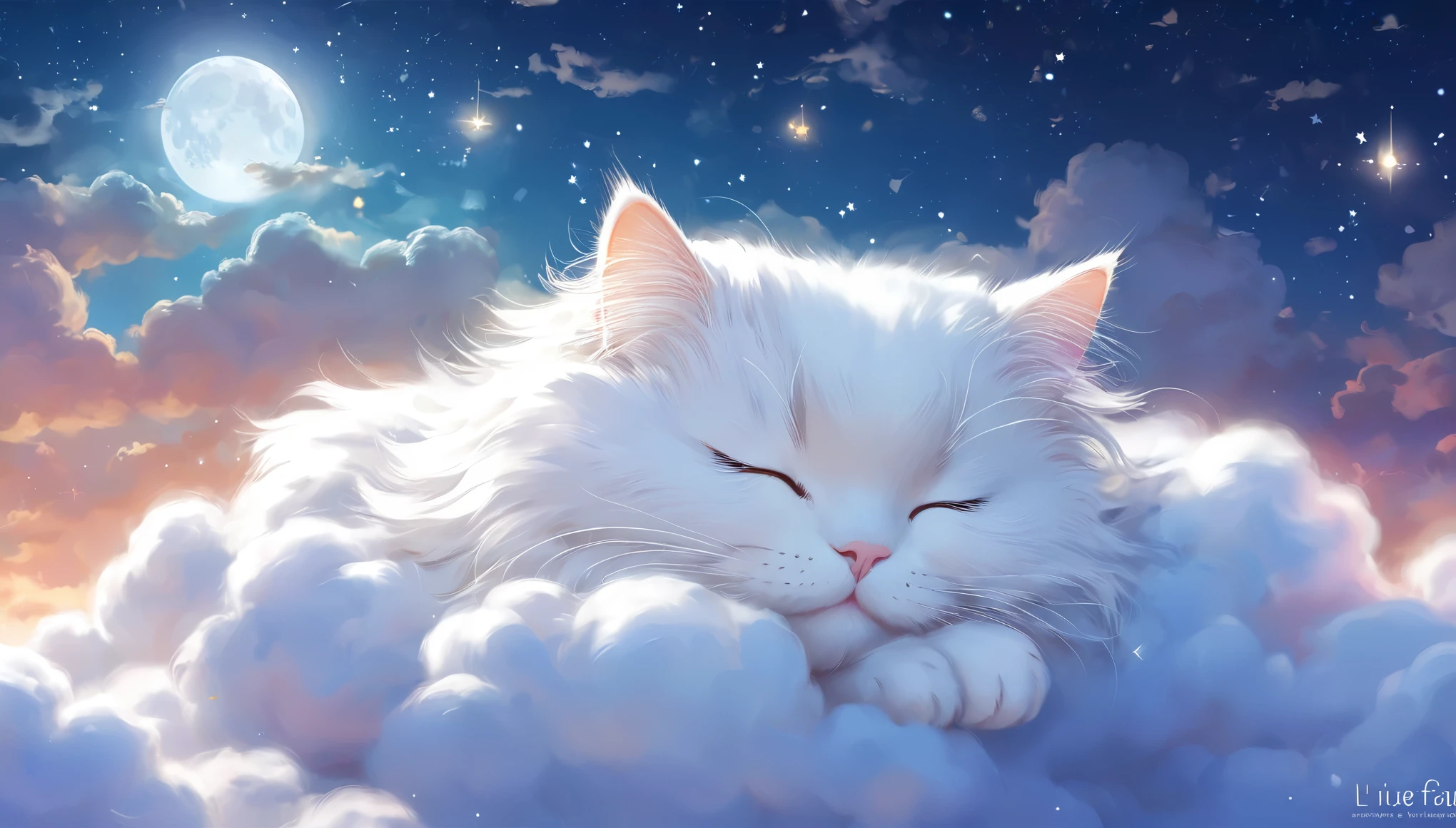 雲の上にsleeping catがいます。The background is the night sky。There are stars。 Digital Painting by Li Fanyin, pixiv, fur art, Adorable digital painting, Cute and detailed digital art, Cute digital art, cat cat dreamcats, Lying in the fairyland of white clouds, Cat Cat Dream Cat, sitting in a fluffy cloud, cute eyes of dream animals, Cute artwork, sleeping cat