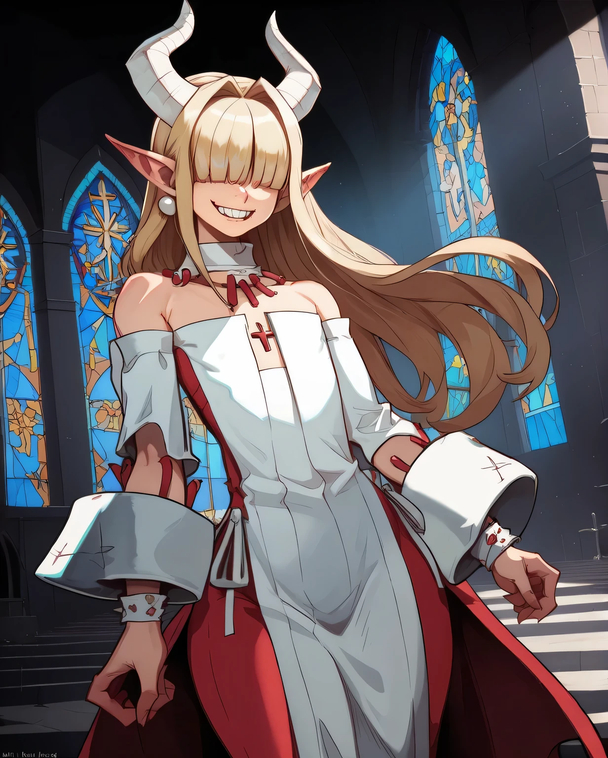 Fraction_9,Fraction_8_Direction_7_up,
Priest,Pointed ears,Devil Horns,hair covering eyes,Blonde and flat chested,Smile,teeth,Long hair,Hips,
Bare shoulders,White off-shoulder dress,Pearl ear-rings,Wrist sleeves,wristband,Neck collar,
church,hell,