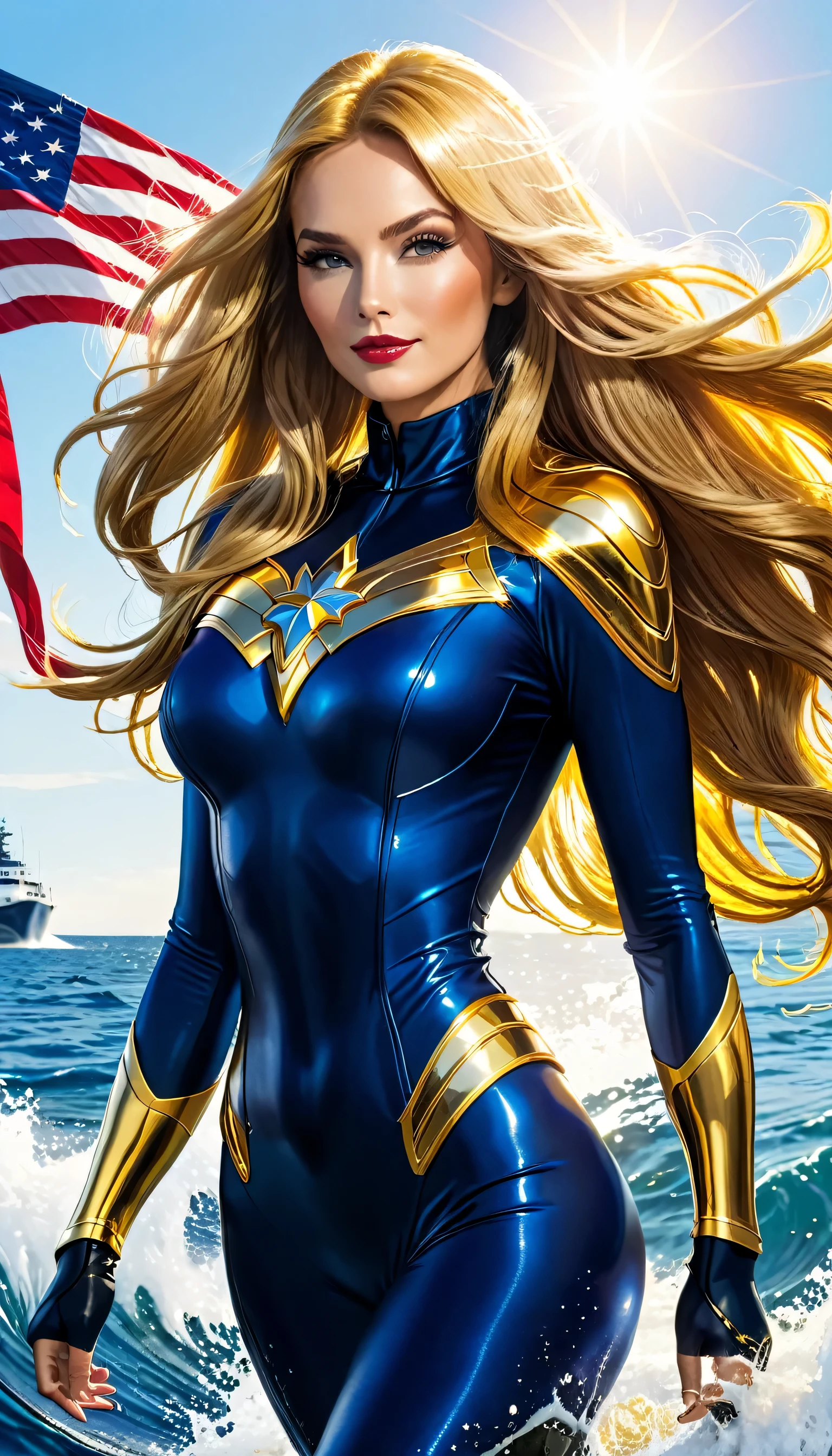 THE MOST BEAUTIFUL, AMERICAN SEAHEROES ,super heroes OF THE SEA EVER CREATED WITH ,golden LONG HAIR, and with tradiitional ,DRESS BLUE AND WHITE
