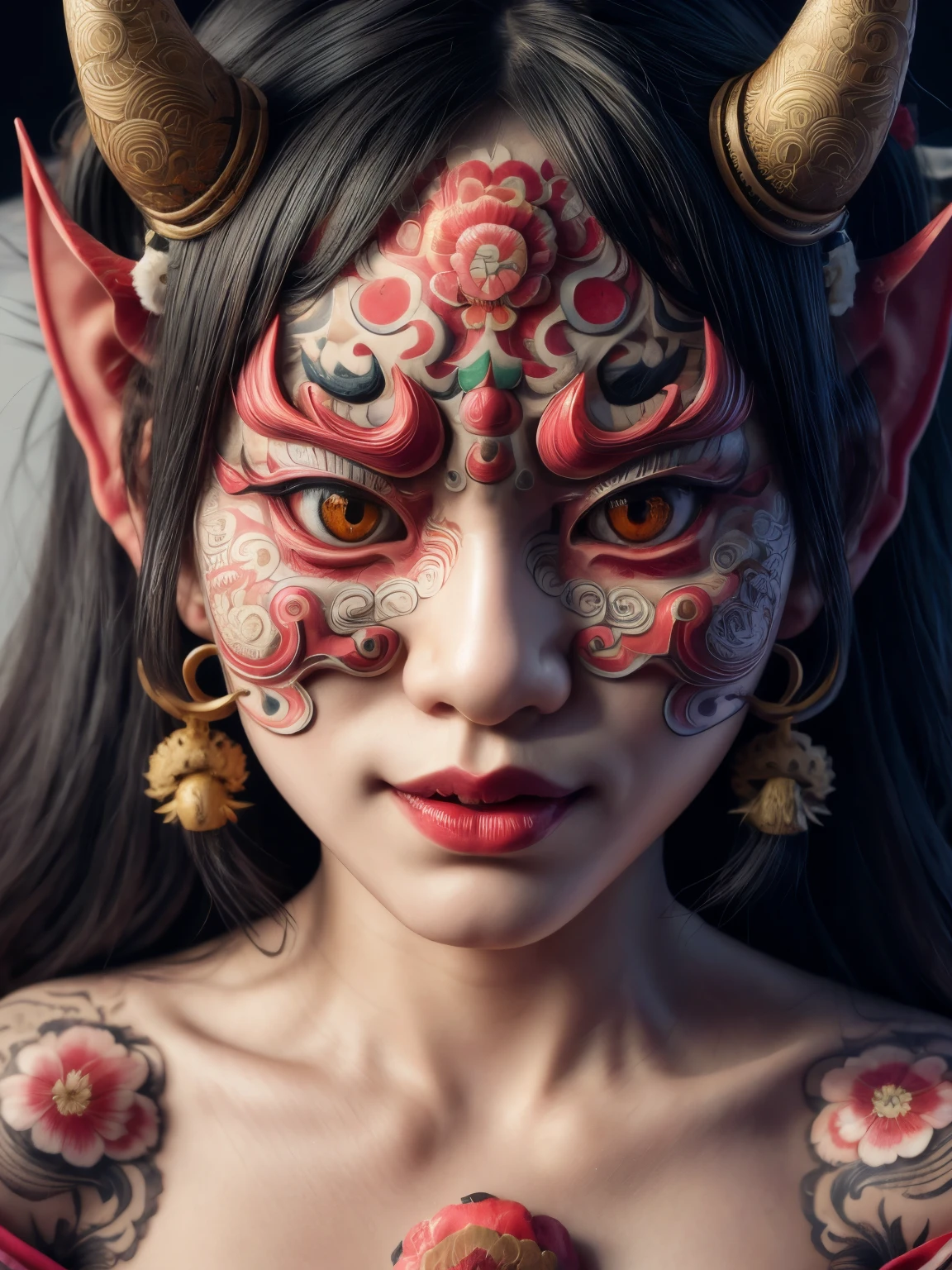 Hyper-realistic portrait of a Japanese girl wearing a Hannya mask, intricate and detailed design, close-up, shallow depth of field, dramatic lighting, high resolution, accurate representation, unique, creative, well-lit, clear details, Canon EOS R5, 100mm lens, f/1.8, powerful, elegant, sophisticated, well-composed, unique pose, traditional, cultural