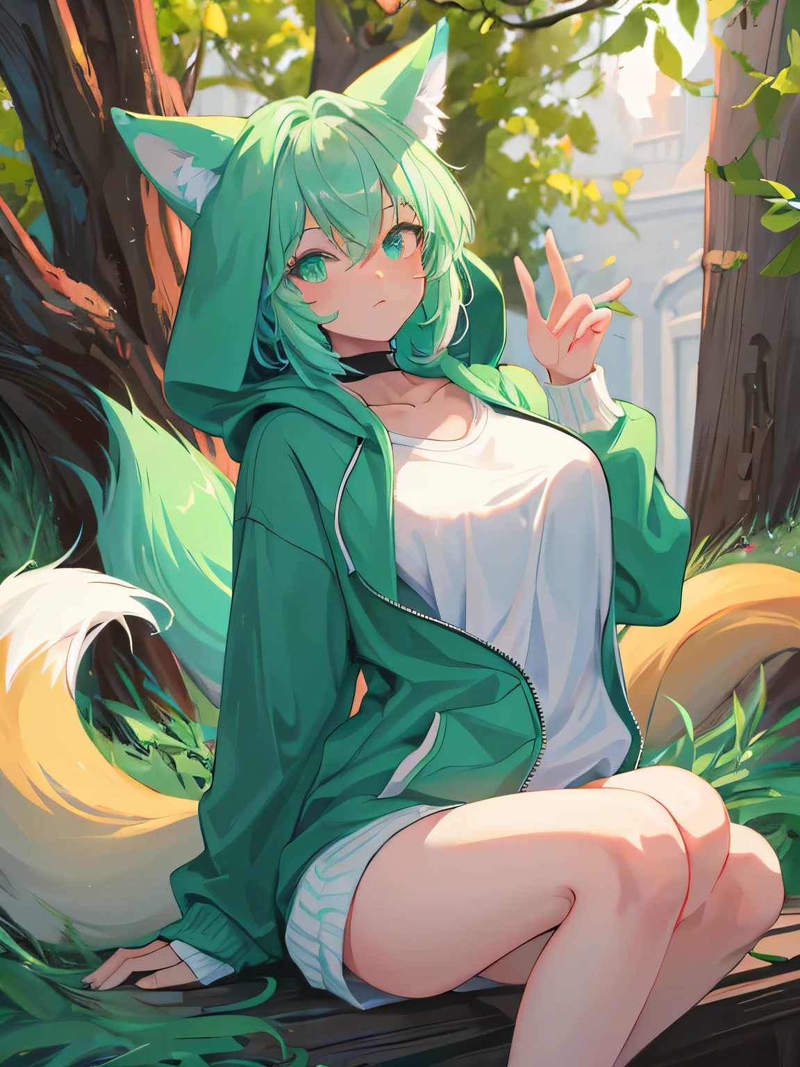 masterpiece, alone, Furry, kemono, Shaggy fox, personification, black fur, Dark Skin, Mint green eyes, Mint green hoodie, Femboy, 