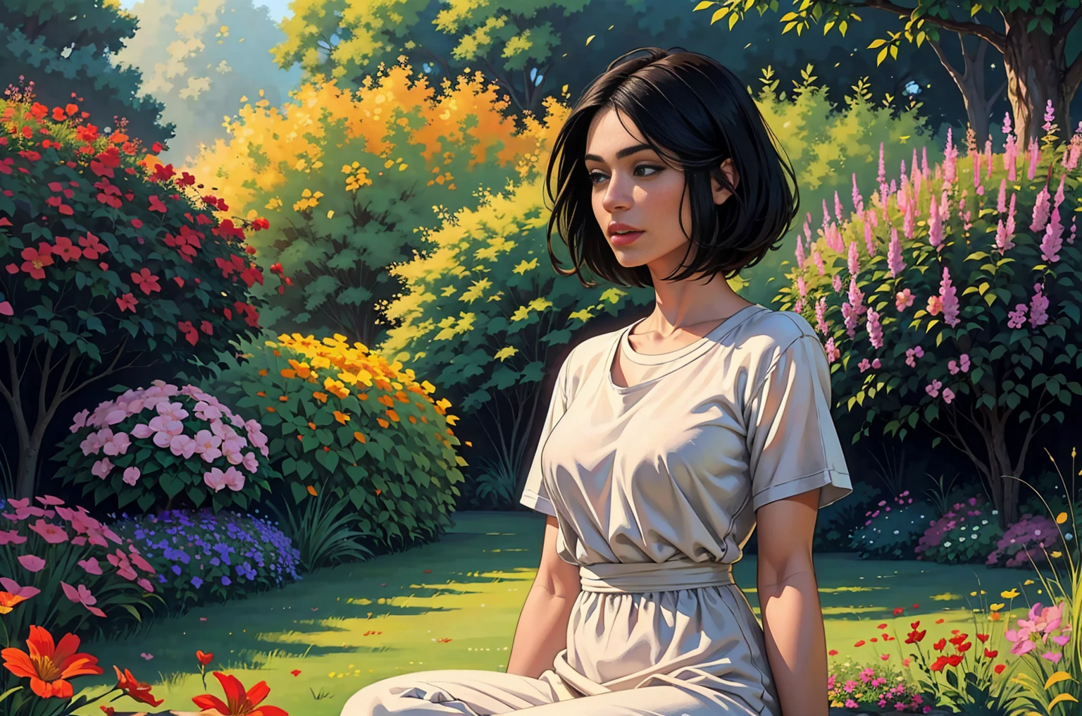 (best quality:1.2, realistic:1.37), extremely detailed eyes, extremely detailed lips, glossy black hair, short hairstyle, simple t-shirt, cozy ambience, soft lighting, tranquil ambiance, full body view, oil painting, delicate brushstrokes, vibrant colors, natural scenery, blooming flowers, green garden, peaceful atmosphere, gentle breeze, sunny day, beautiful surroundings, harmonious composition, blissful expression