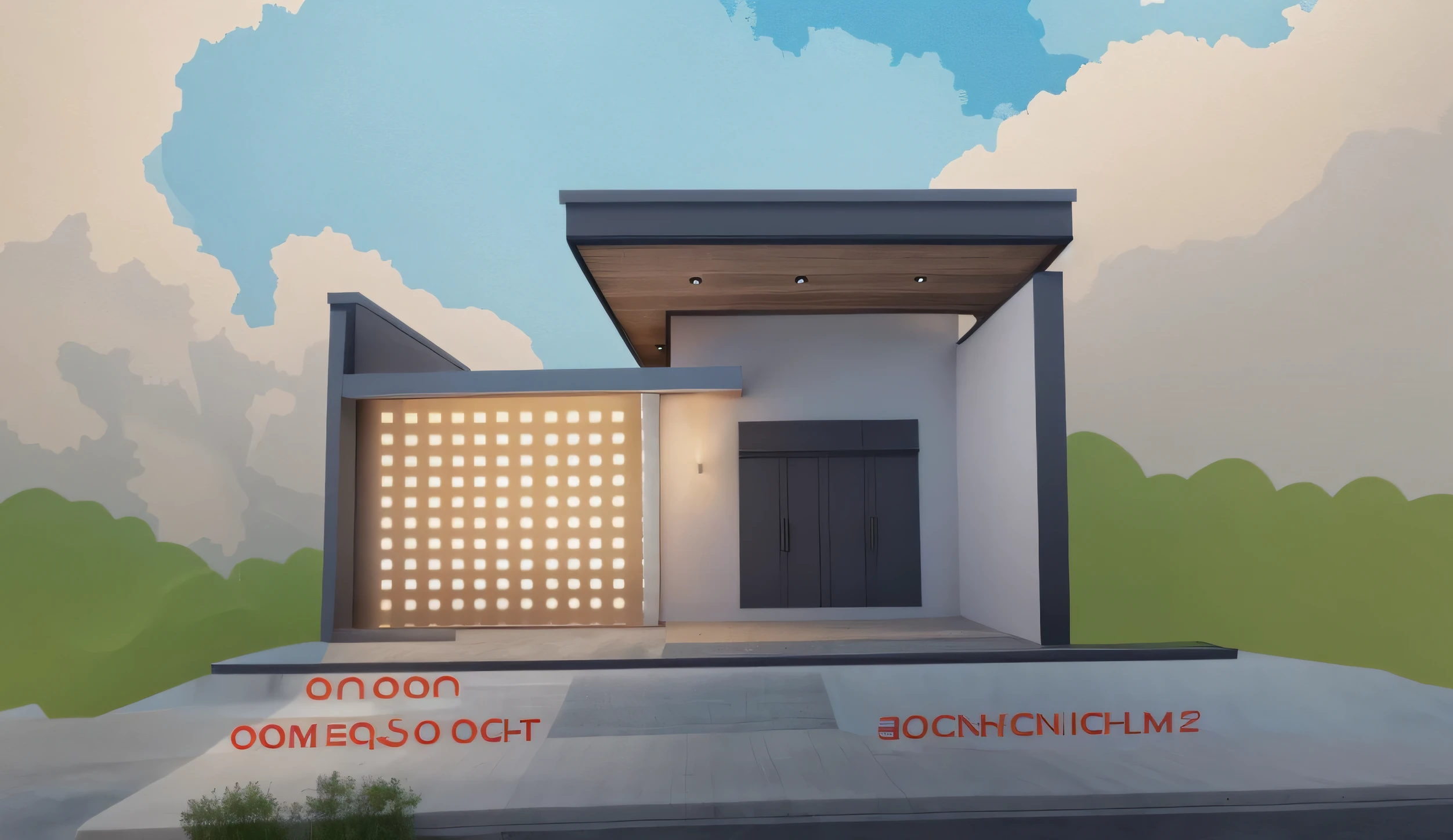 1 modern building with main materials made from white walls and wood, minimalist design,, masterpiece, high quality, utral detail:1.3, sun rise:1.3, dynamic lighting, perfect light, shimering sky:1.2, large yard, morden feeling, 1 black car:1.3, behance.net, warm light brighteness, shimering cold light fromt indoor:1.3, blue sky , night light