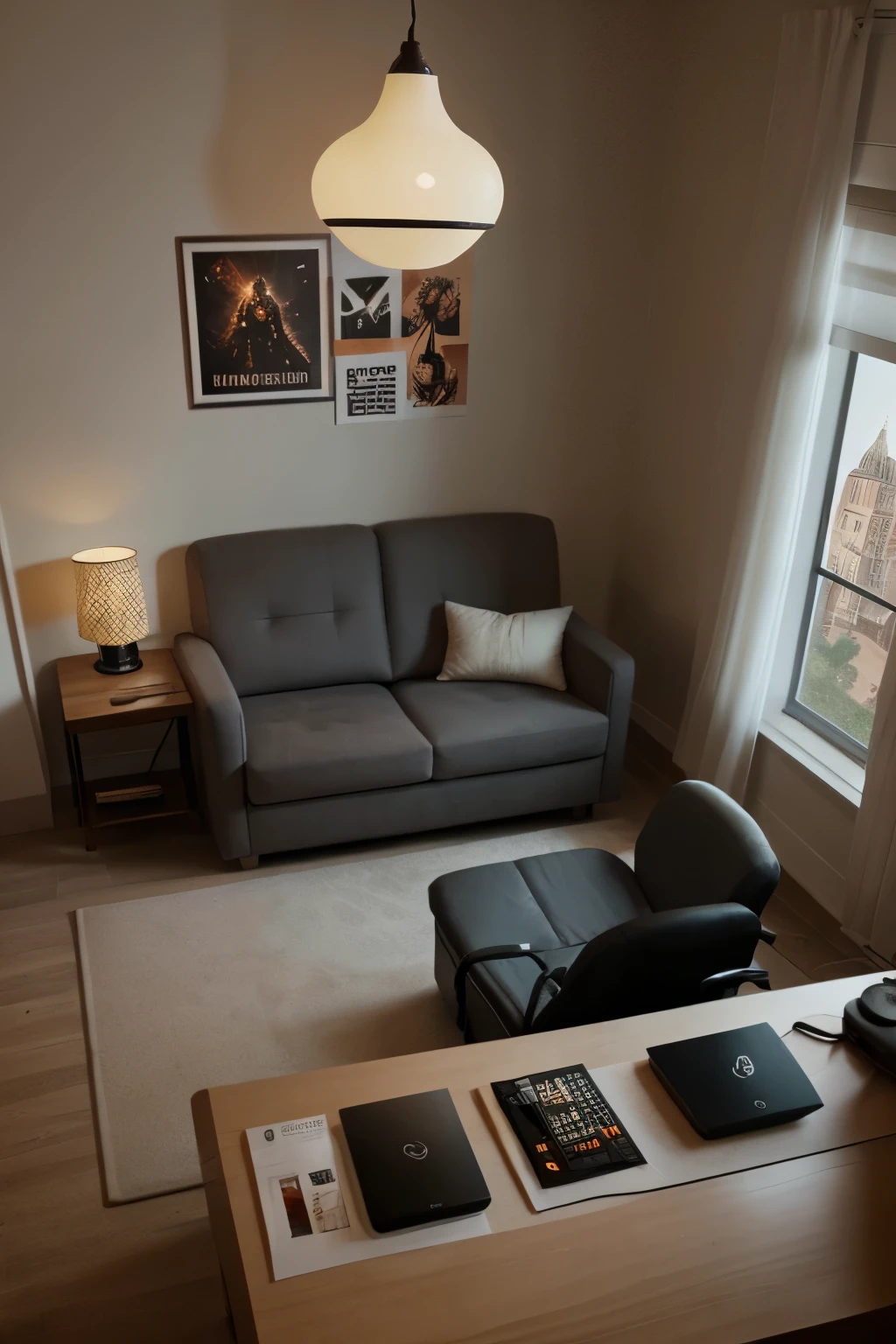 tengo un cuarto con una computadora, escritorio, una lampara, varios posters, una ventana, un estante con figuras de accion, una silla gamer, un sofa y un reloj