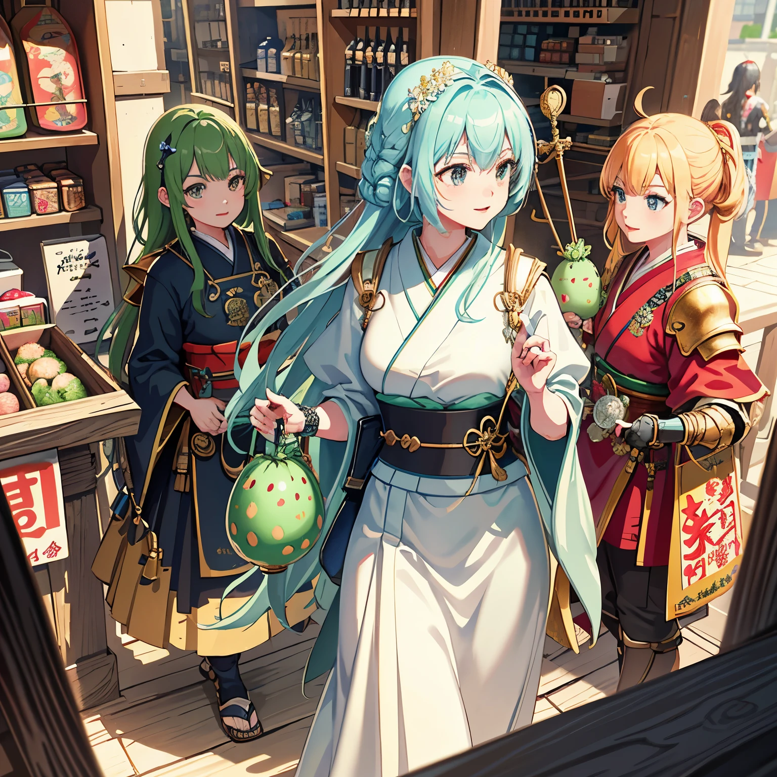 beautiful day,
Group of knights,
In full armor,
Japanese shopping center,
Bright and colorful stalls,
Exploring,
Hands holding dango or senbei,
Laughing and chatting,
Detailed armor textures,
High resolution,
Realistic rendering,
Vibrant colors,
Sunlight filtering through the market,
Sharp focus,
Realistic shadows creating depth,
Dynamic and bustling atmosphere,
Authentic Japanese details and motifs.