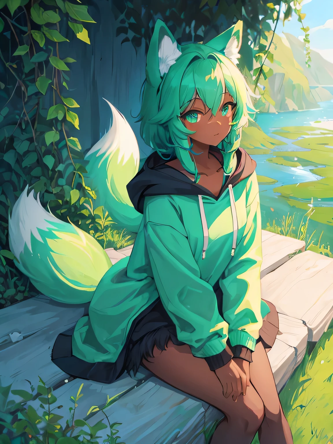 masterpiece, alone, Furry, kemono, Shaggy fox, personification, black fur, Dark Skin, Mint green eyes, Mint green hoodie, Femboy, 