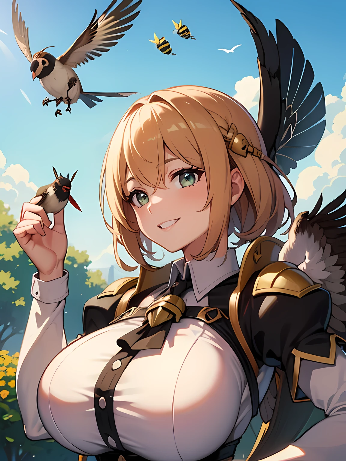 Sparrow Bee Slayer,(Giant bust:1.3),((Giant Finch)),A radiant smile,Beautiful world,